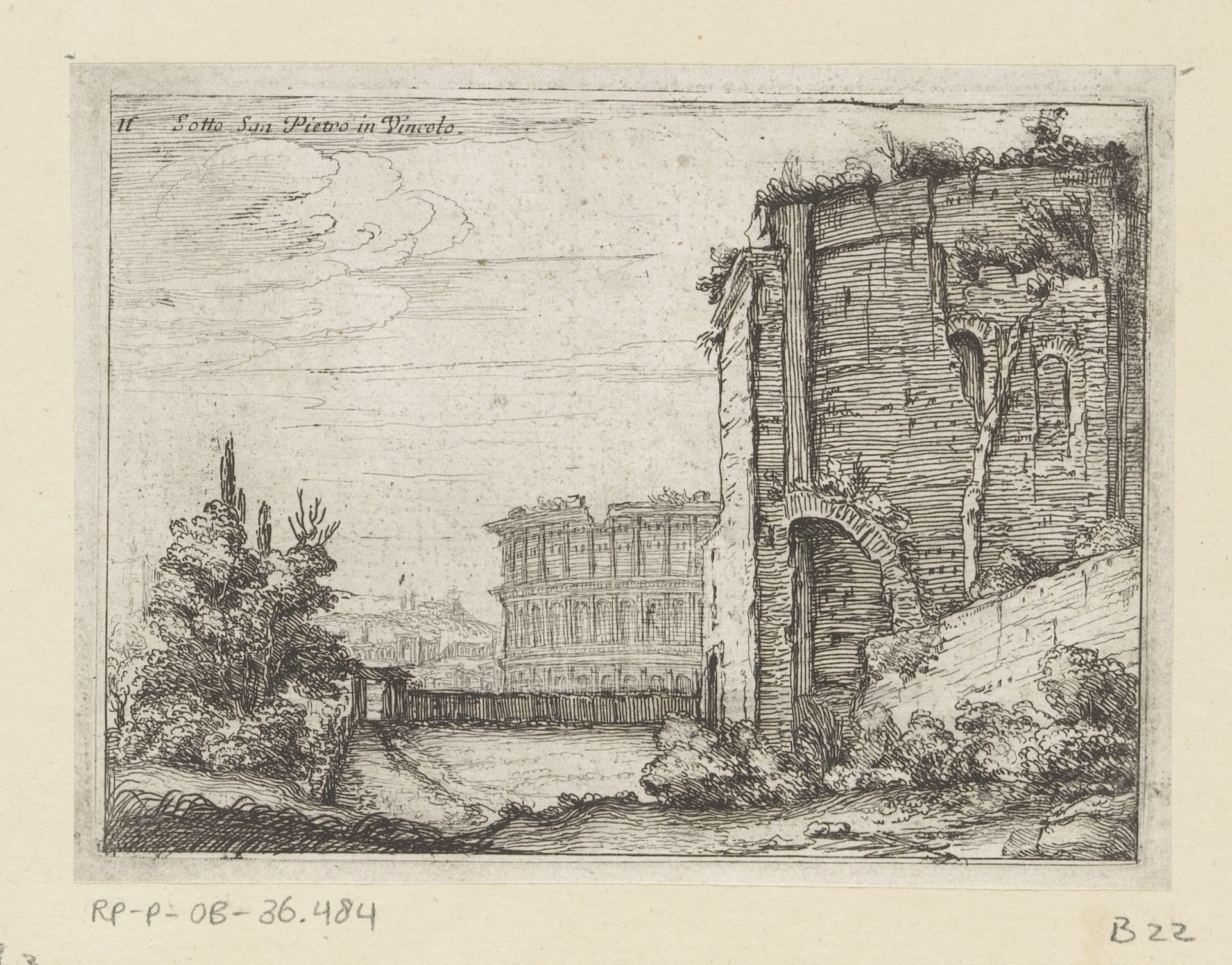 Ruïnes van antiek bouwwerk en het Colosseum te Rome by Giovanni Battista Mercati