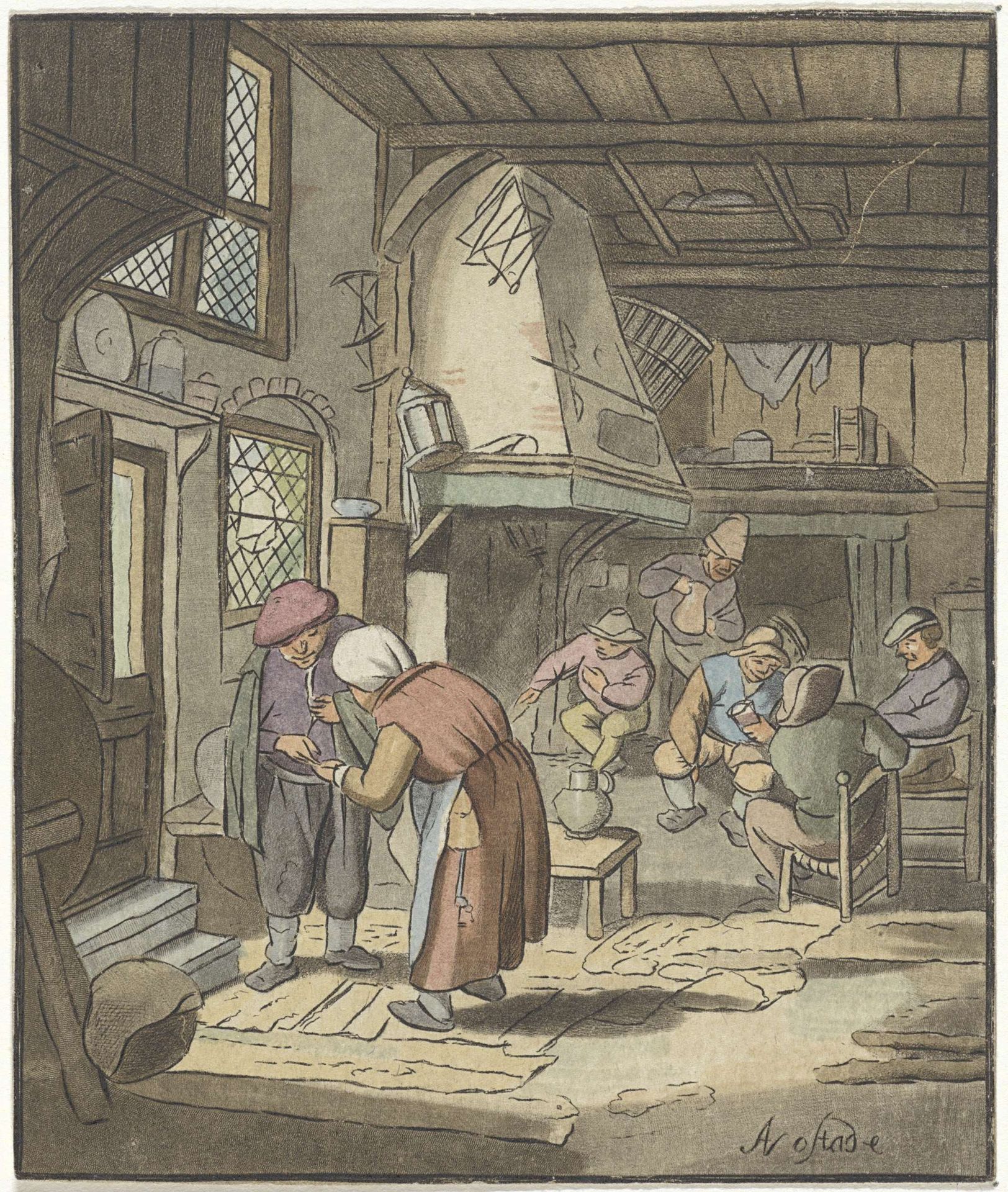 Interieur met boeren bij een haard by Bernhard Schreuder