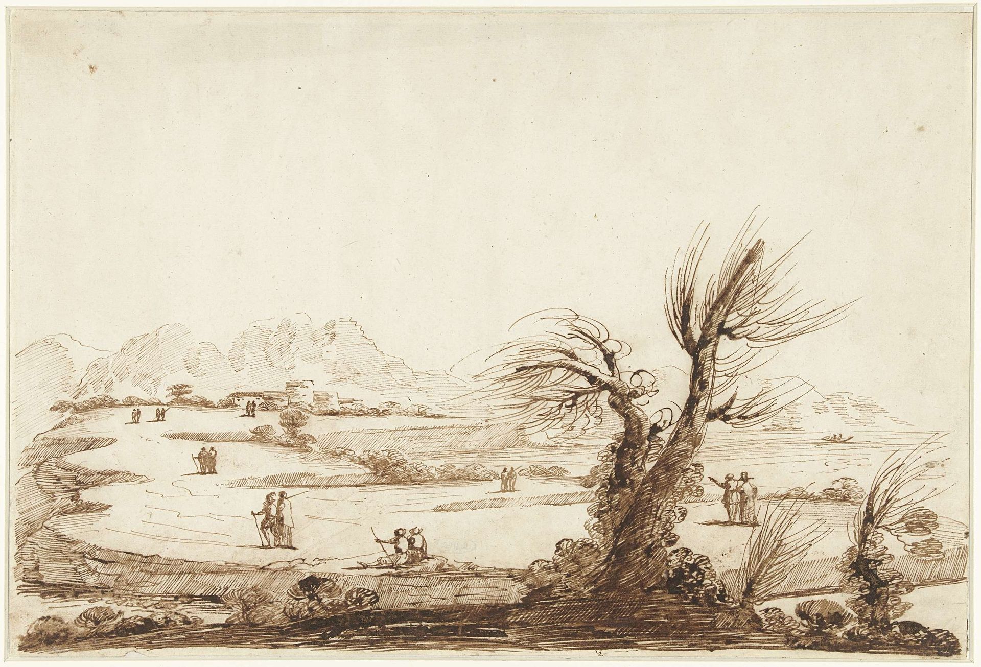 Landschap met figuren en op de voorgrond een kale wilg by Guercino