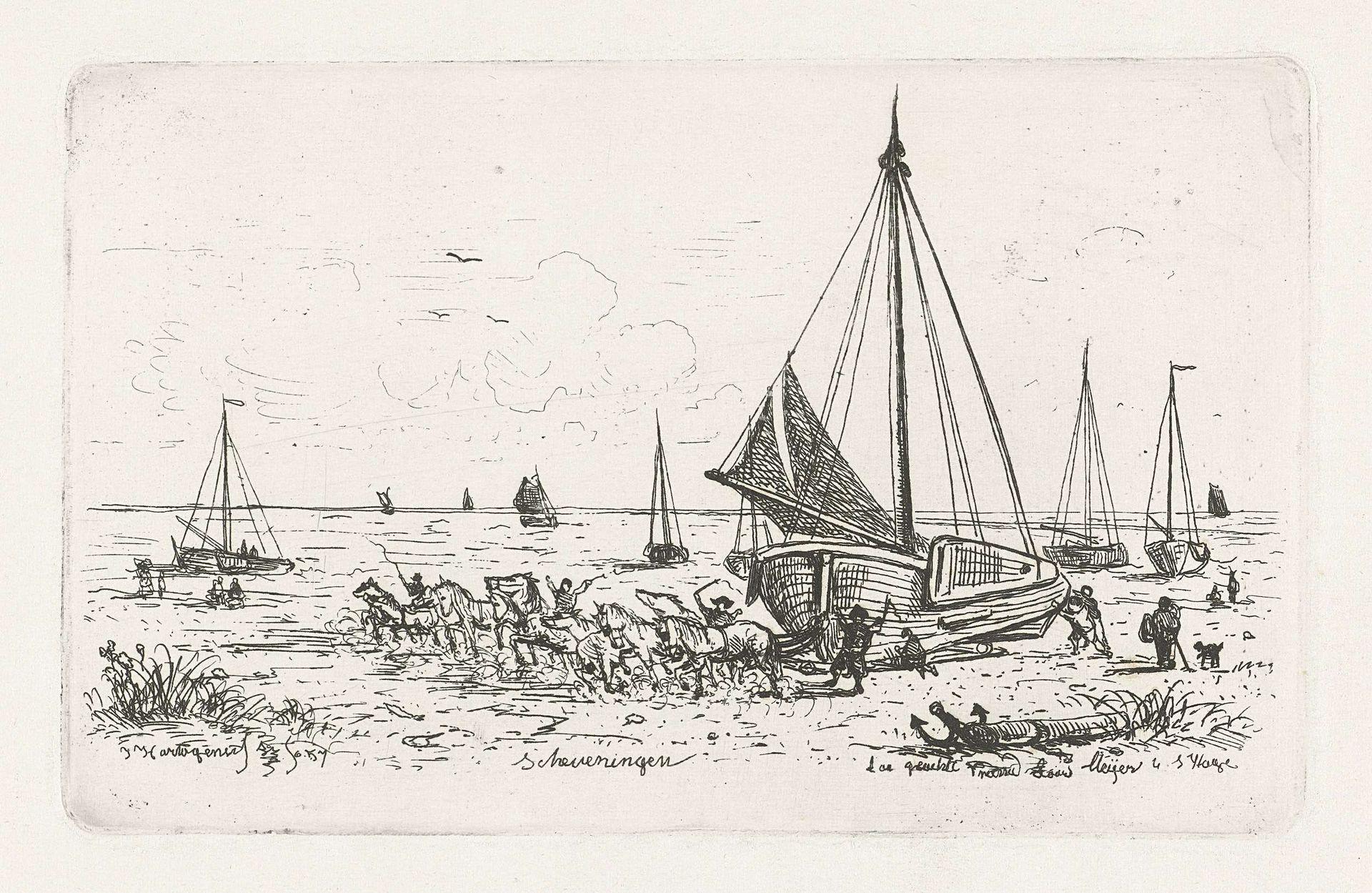 Trekpaarden bij vissersboten by Joseph Hartogensis