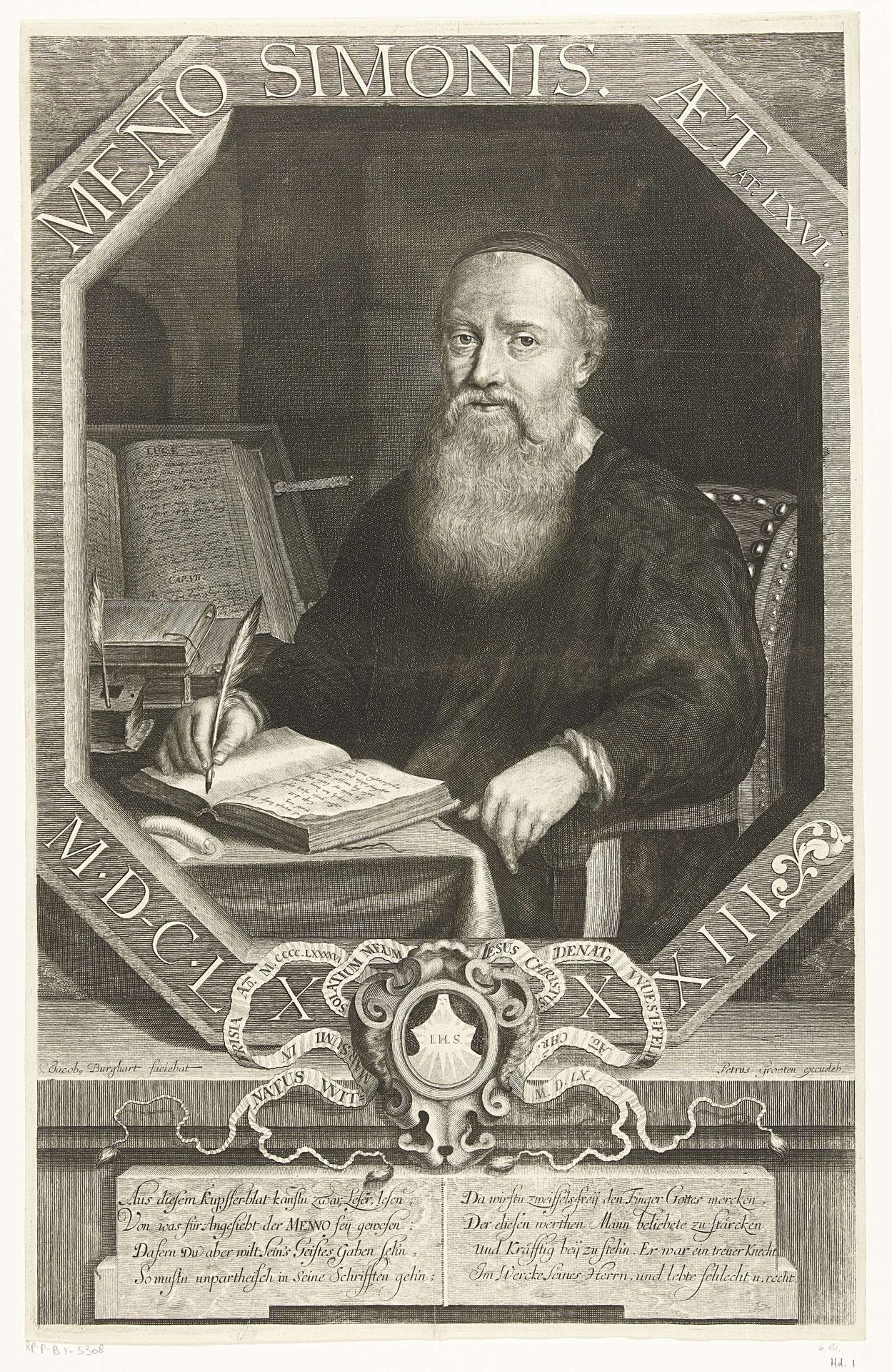 Portret van Menno Simons op 66-jarige leeftijd by Jacob Burghart