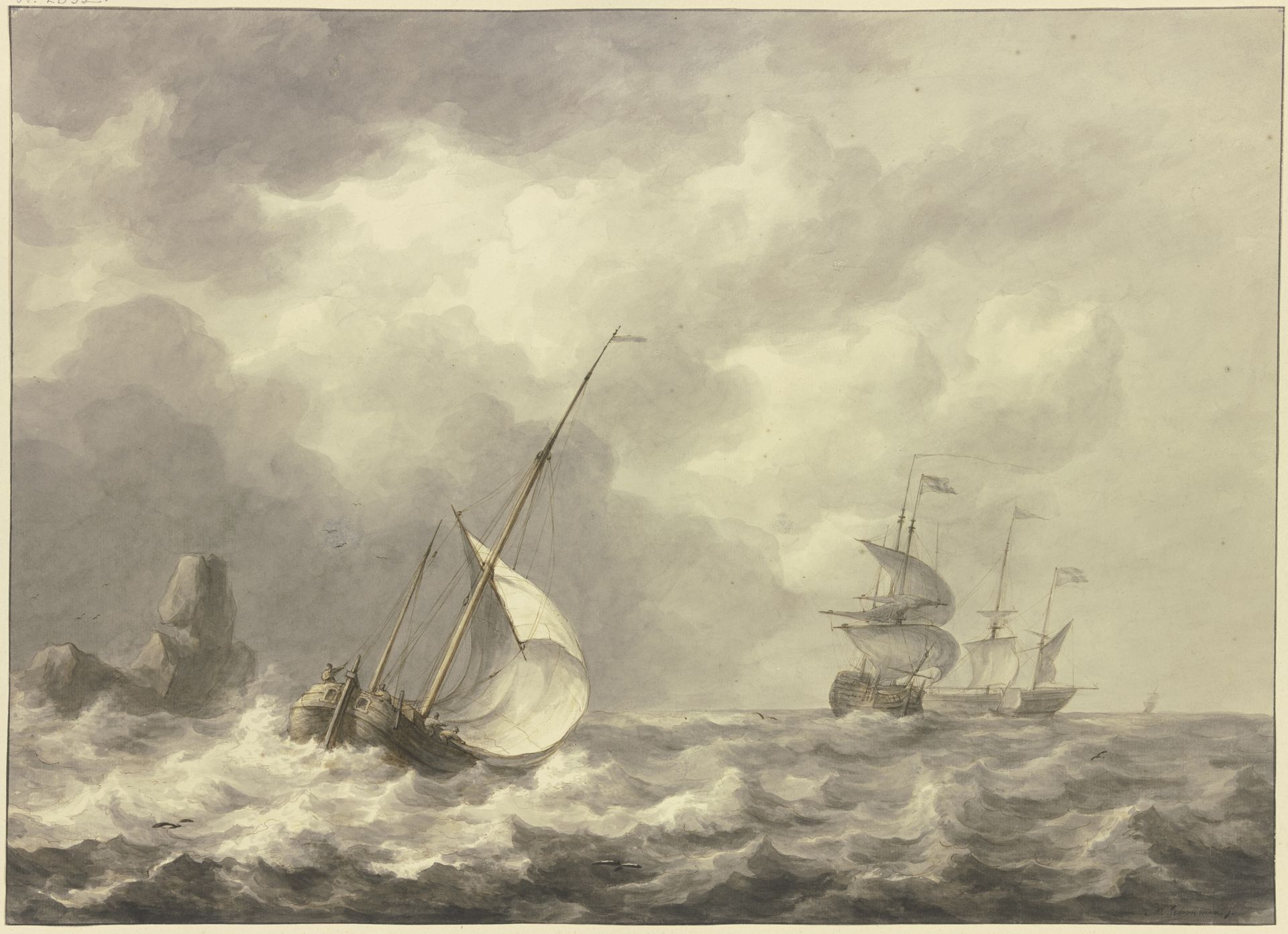 Drei Schiffe und Boot nach rechts, viertes Boot ist in die Brandung eines Felsens geraten. by Martinus Schouman