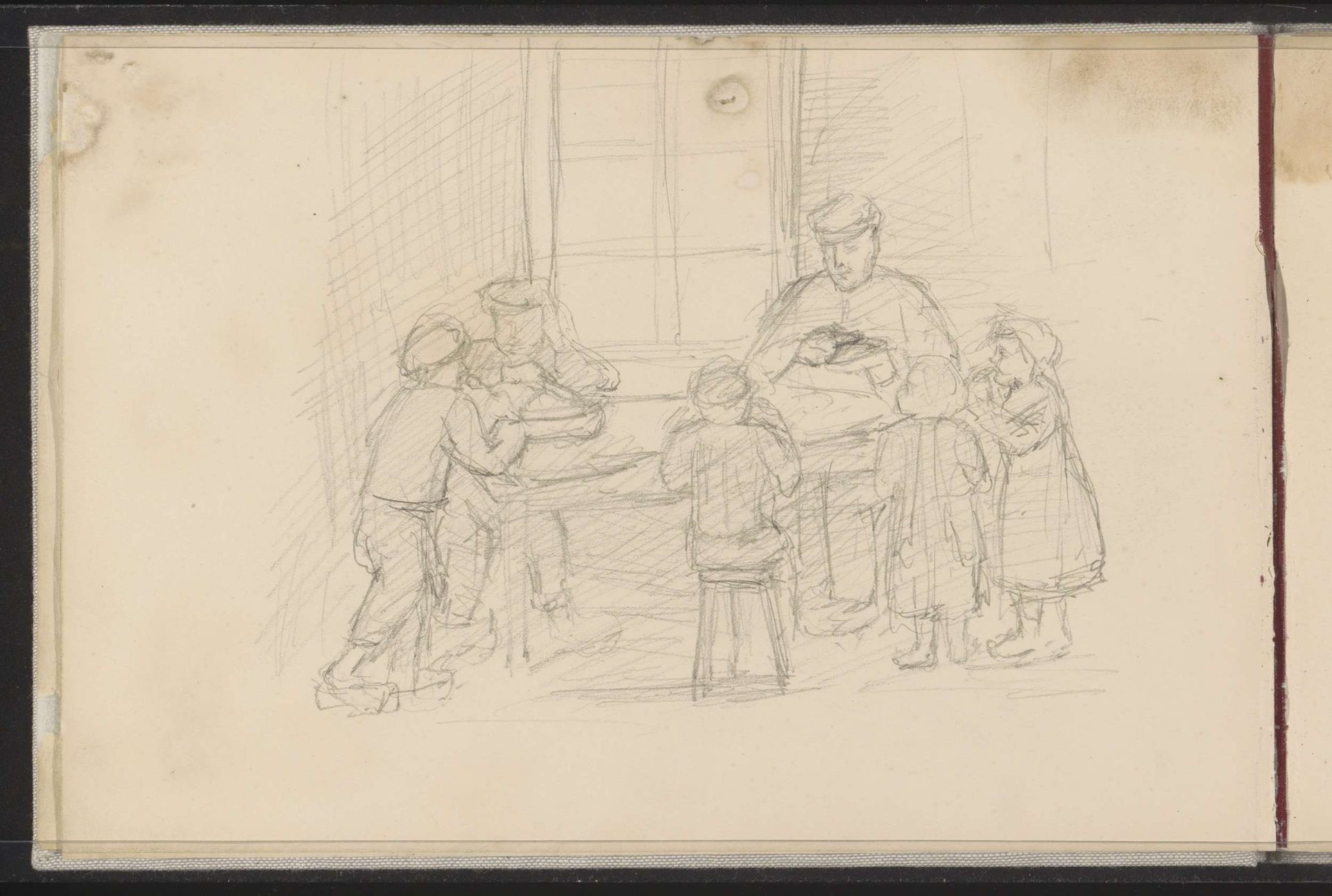 Twee mannen en kinderen rondom een tafel bij een venster by Jozef Israëls