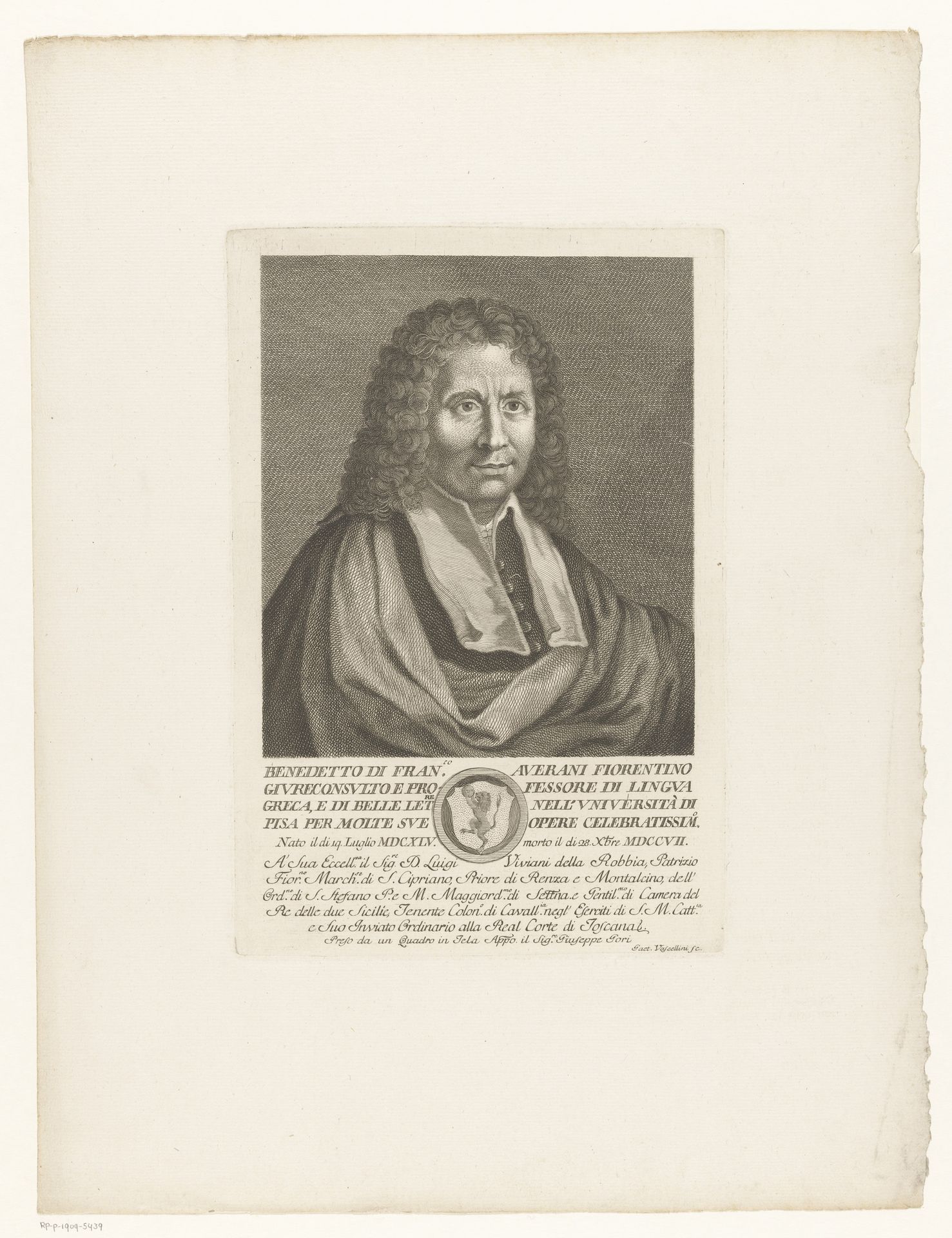 Portret van auteur Benedetto Averani by Gaetano Vascellini