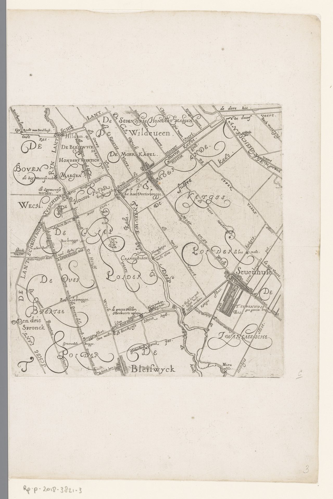 Kaart van het Hoogheemraadschap van Delfland, met Zevenhuizen en Bleiswijk, deel rechtsboven by Floris Balthasarsz van Berckenrode