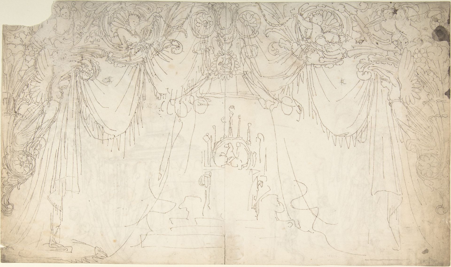 Design for Bed Alcove (recto); Studies for Statues and Carvings on Bed (verso) by William Pitts