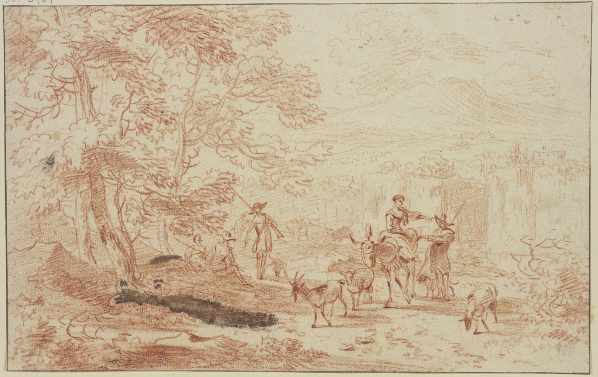 Am Saum eines Waldes lagern Jäger, dabei ein Hirte und eine Hirtin auf einem Esel mit zwei Schafen und einer Ziege by Nicolaes Berchem