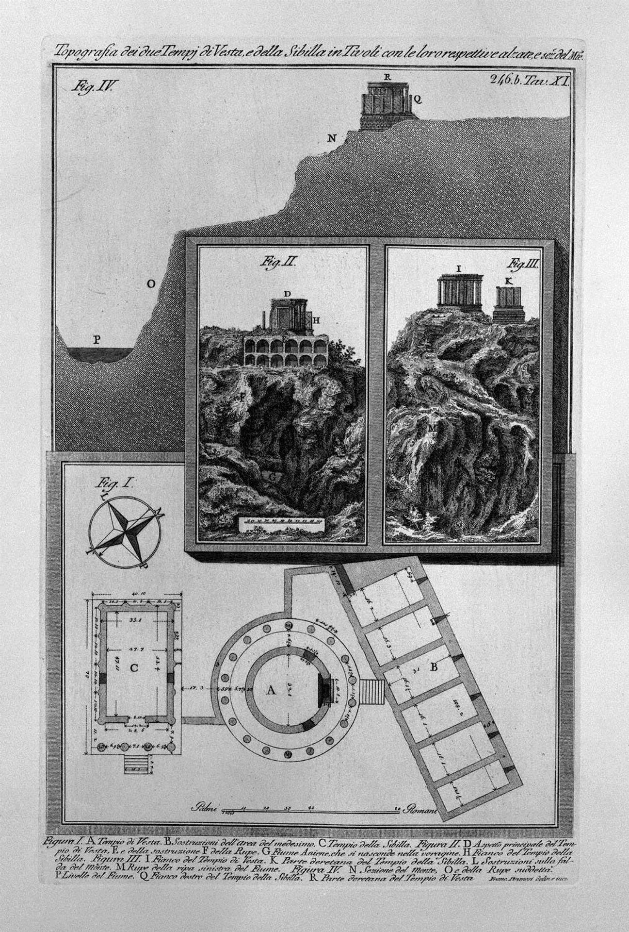 Topography of the two times of Vesta and the Sibyl in Tivoli with their respective sections, and raised by Giovanni Battista Piranesi
