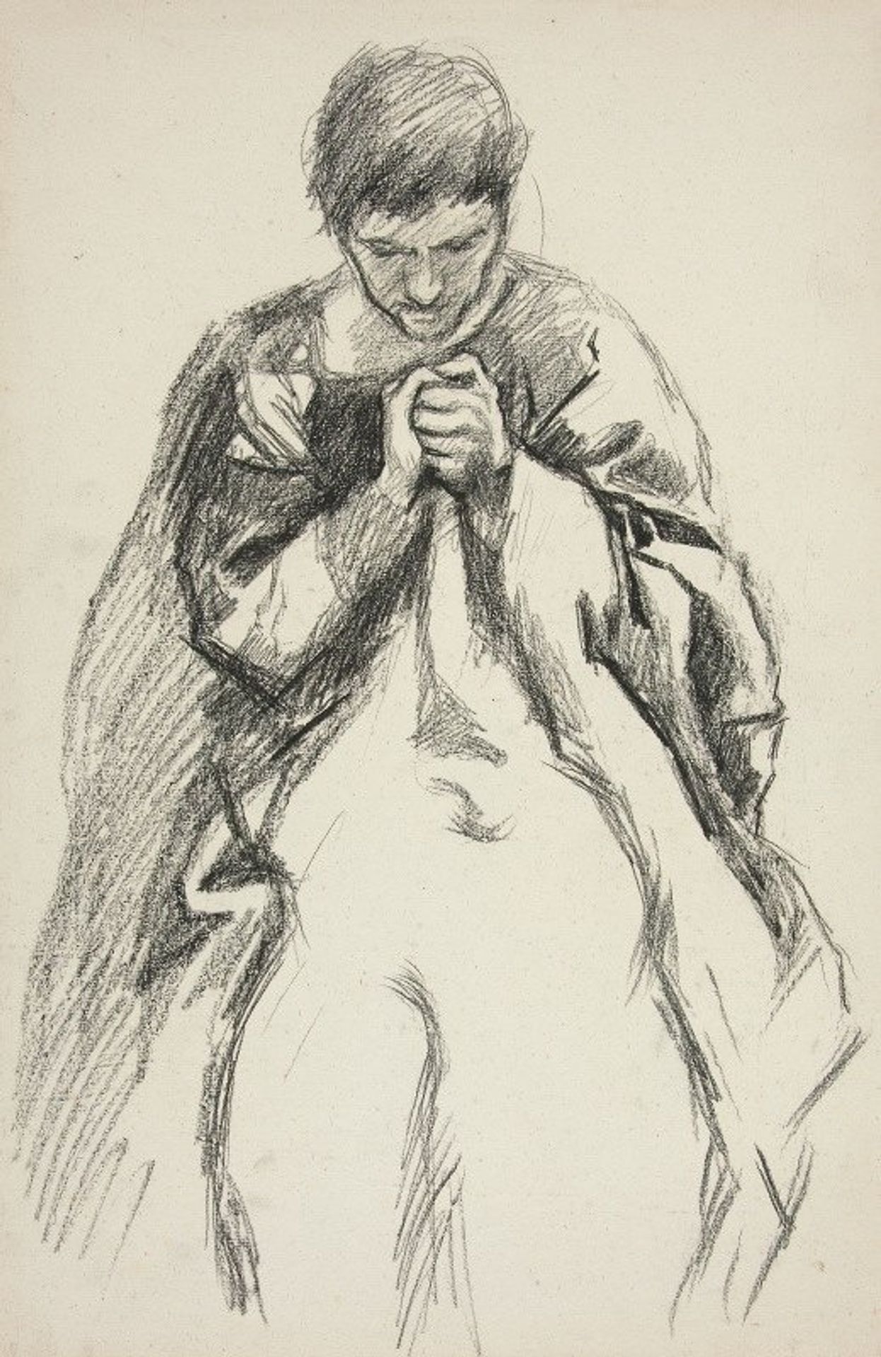 Robed figure, praying; study for The Quest of the Holy Grail mural series at Boston Public Library by Edwin Austin Abbey