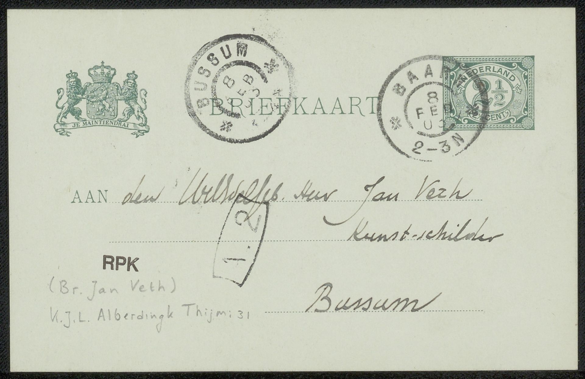 Briefkaart aan Jan Veth by Karel Johan Lodewijk Alberdingk Thijm