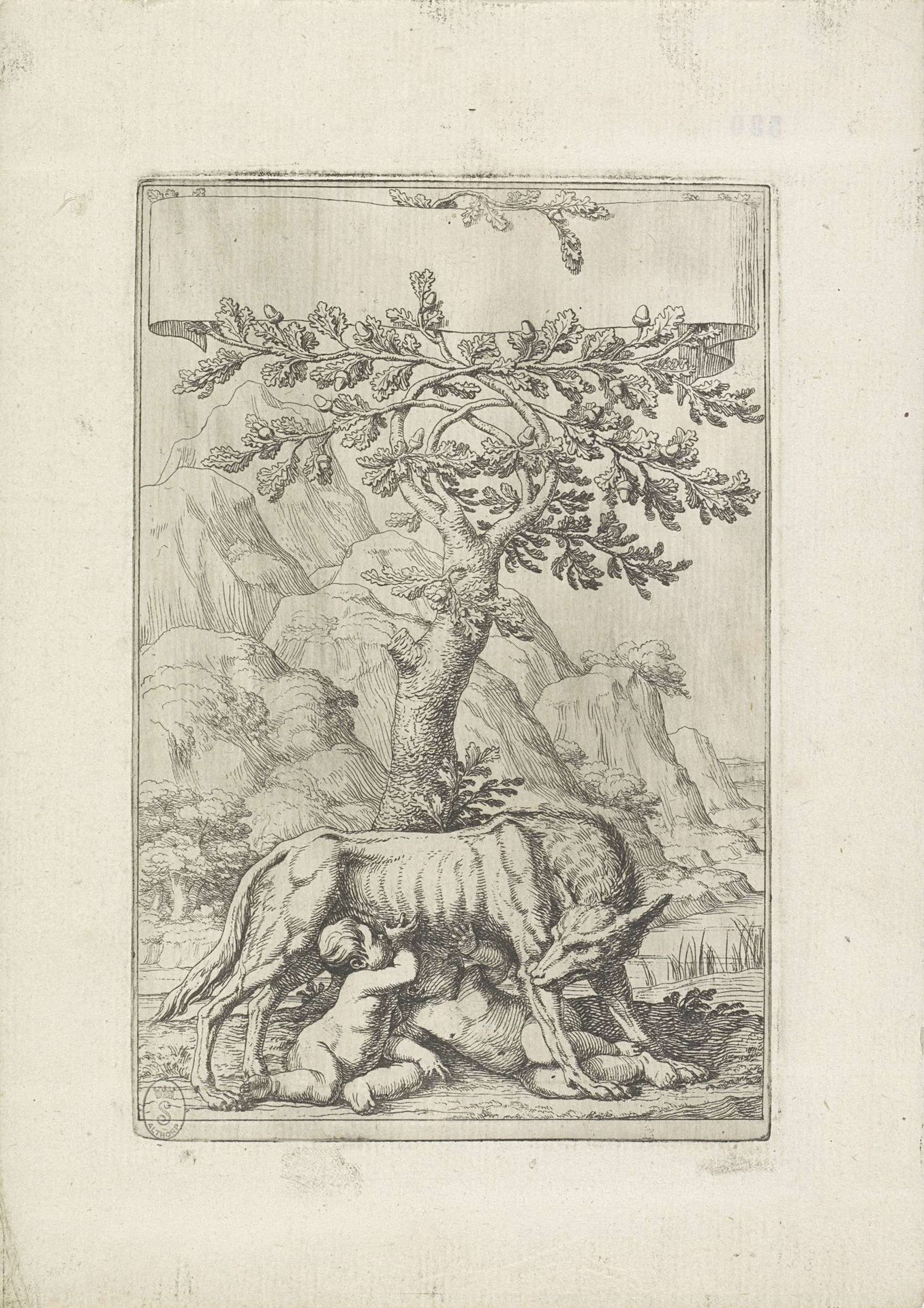 Titelprent met Romulus en Remus gezoogd door de wolvin by Giovanni Battista Galestruzzi