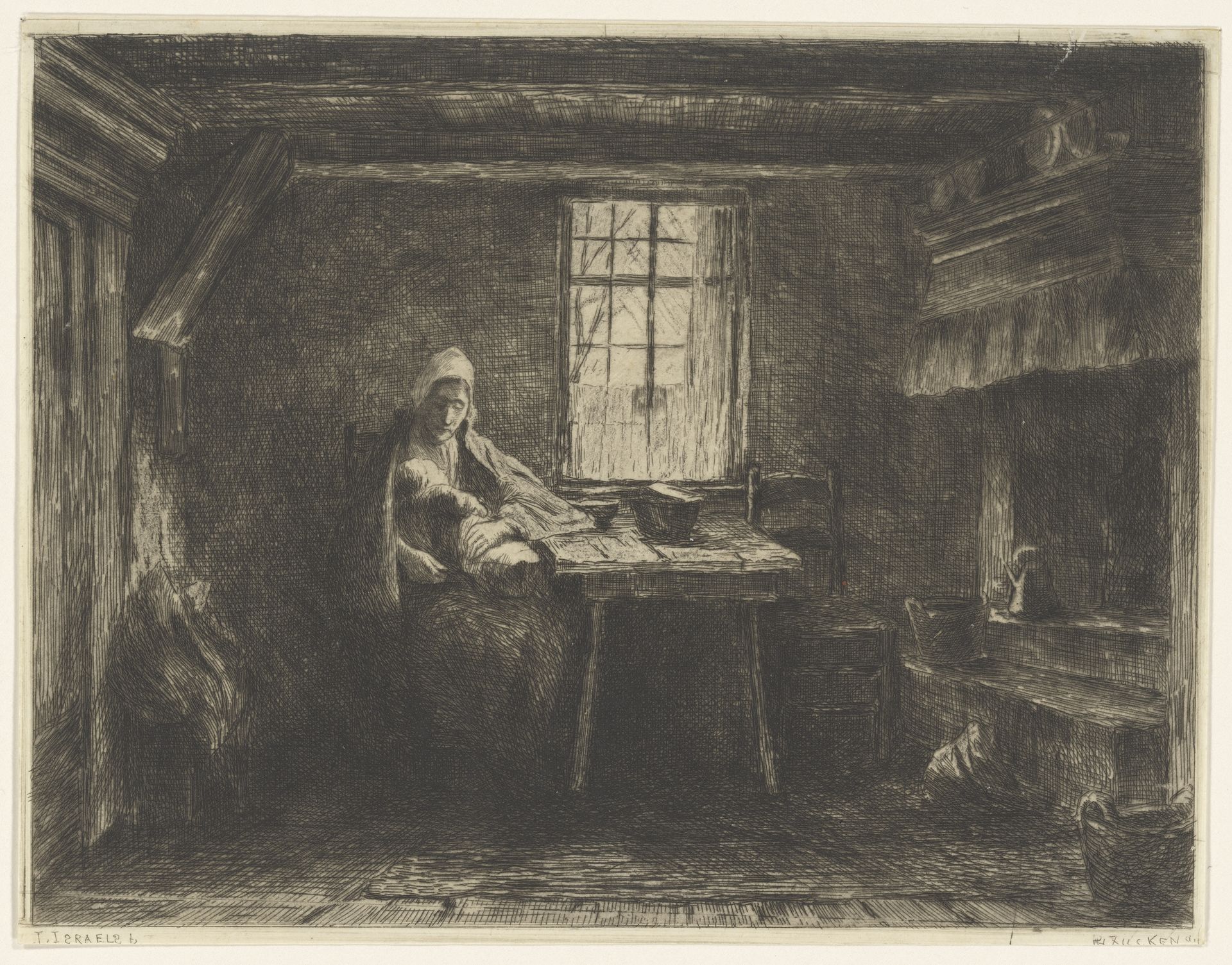 Vrouw met slapend kind in een boereninterieur by Philip Zilcken