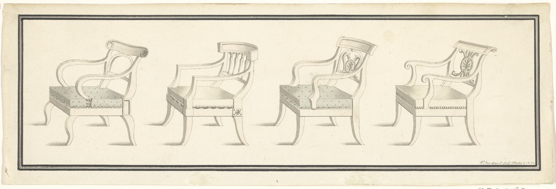 Vier armstoelen met beklede zittingen, van links gezien by Carl Wilhelm Marckwort