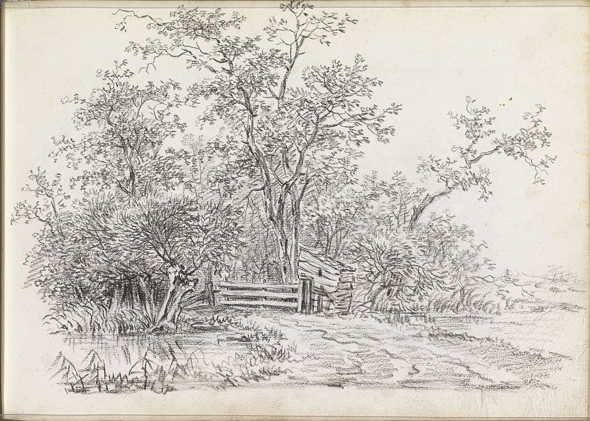 Landschap met een hut en hek bij een waterkant by Andreas Schelfhout