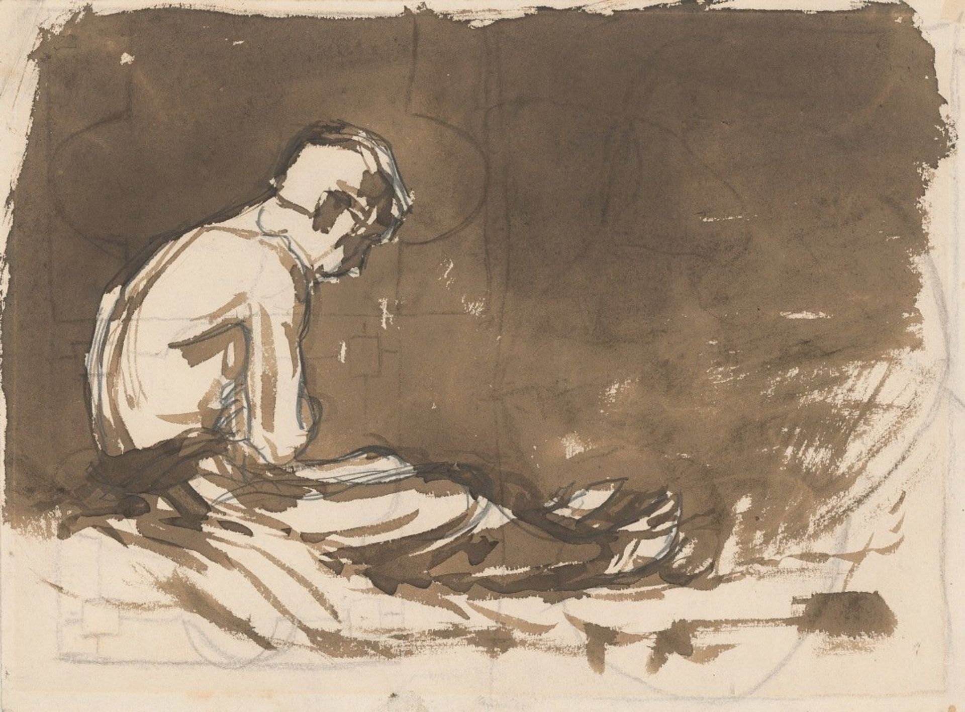 Sketch of a Man sitting Half-Naked from a Side View by Ladislav Mednyánszky