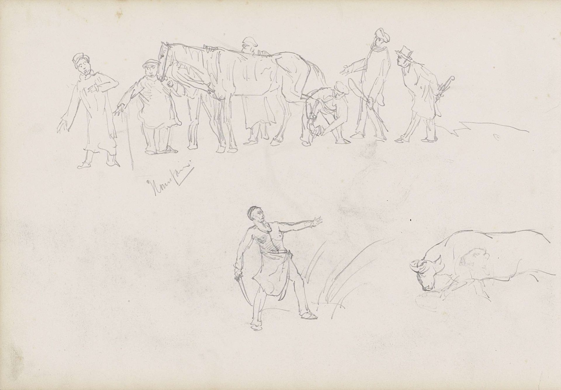 Gewapende man voor een stier en mannen rond een hoefsmid by George Hendrik Breitner