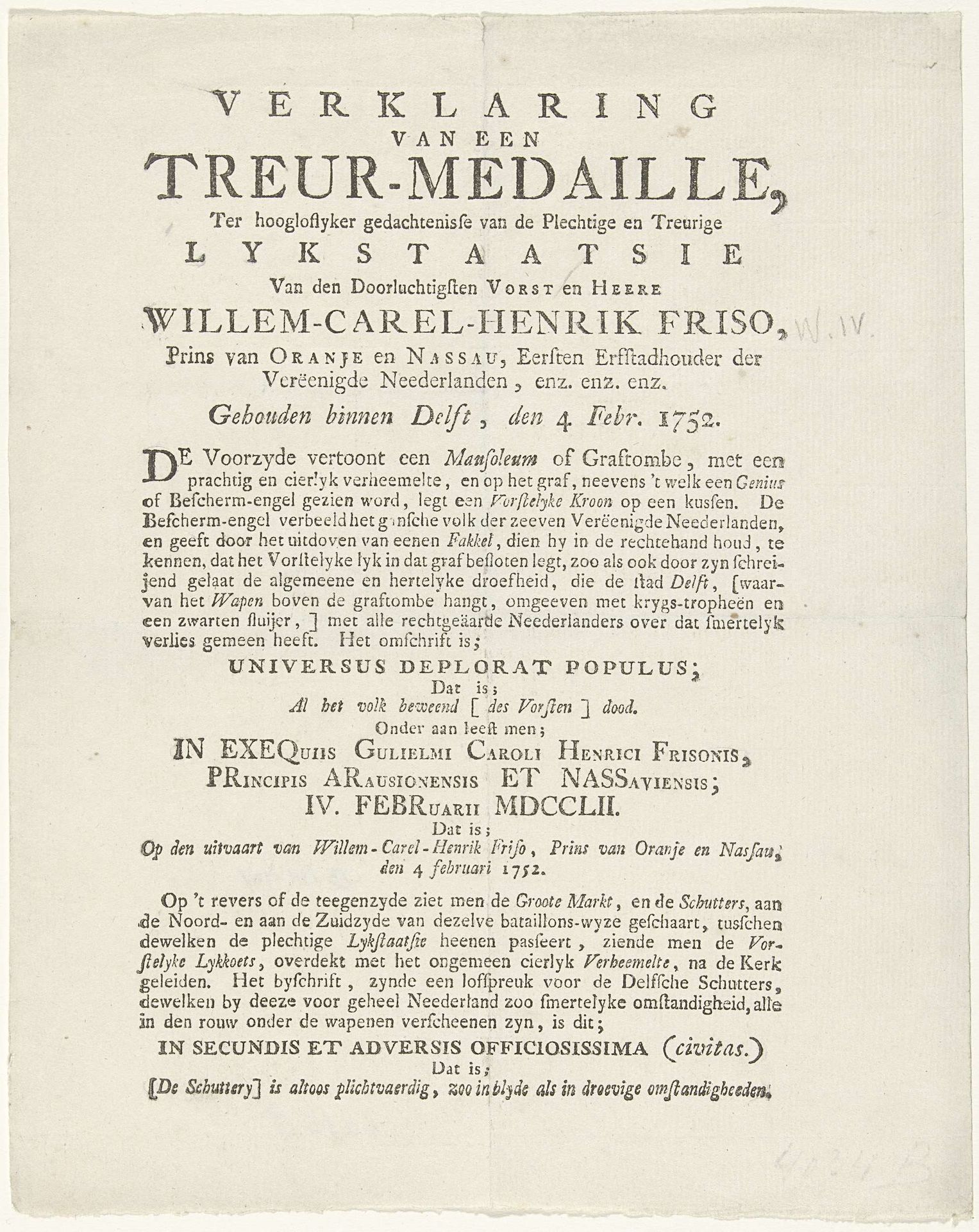 Verklaring van een medaille geslagen bij de begrafenis van Willem IV, 1752 by Anonymous