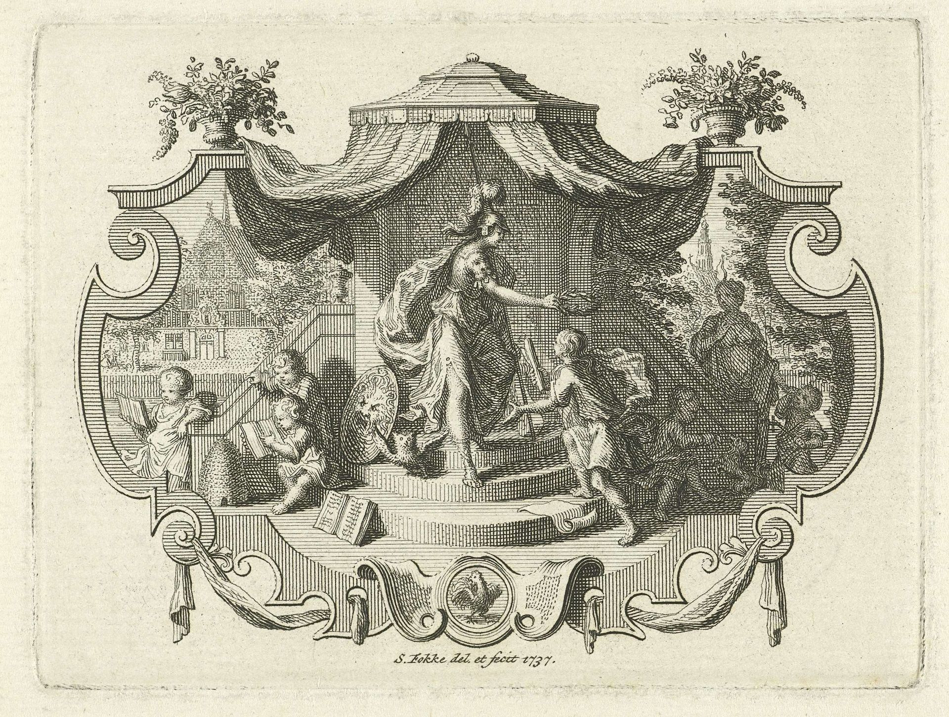 Allegorisch vignet met Minerva die een jongeman lauwert by Simon Fokke