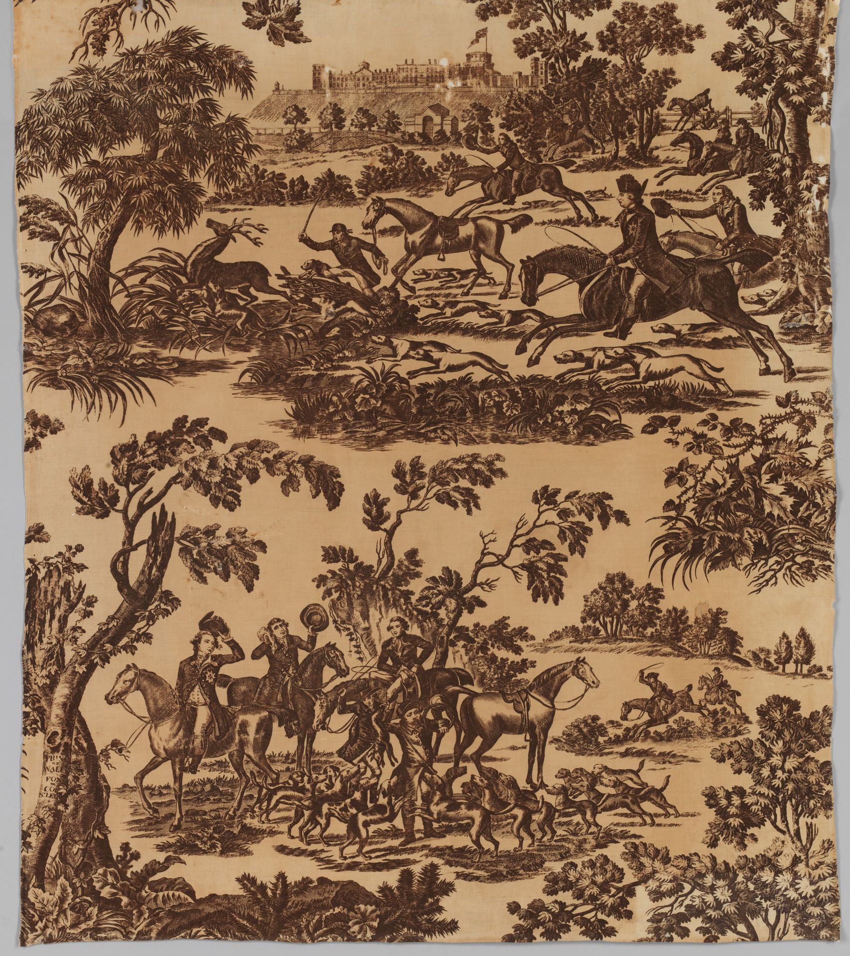 Copper plate printed cotton with King George III hunting in Windsor Park by J. Seymour