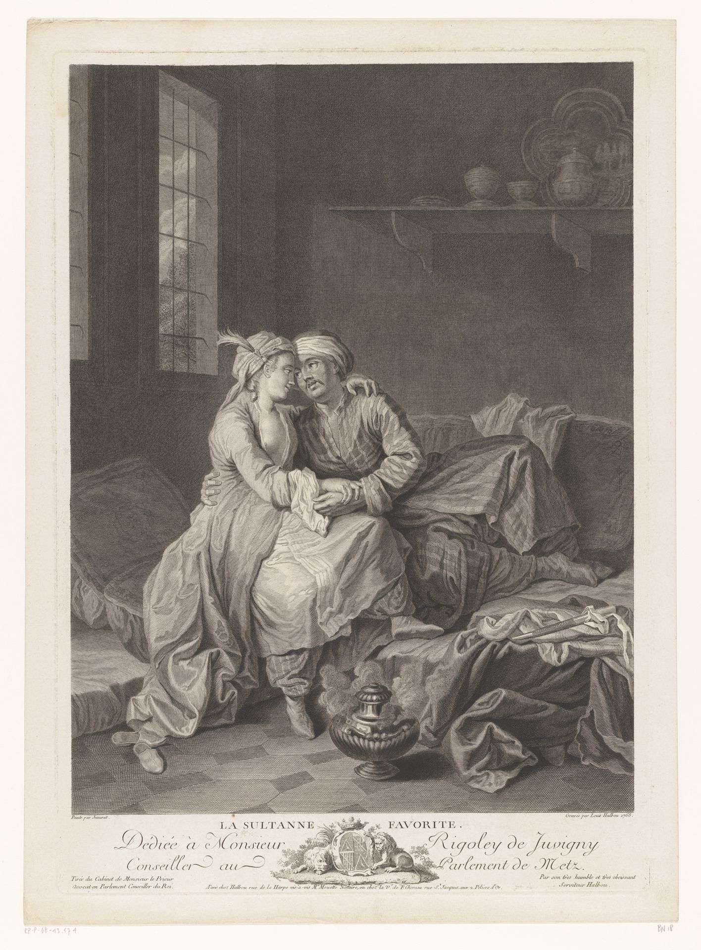 Twee geliefden in een interieur by Louis Michel Halbou