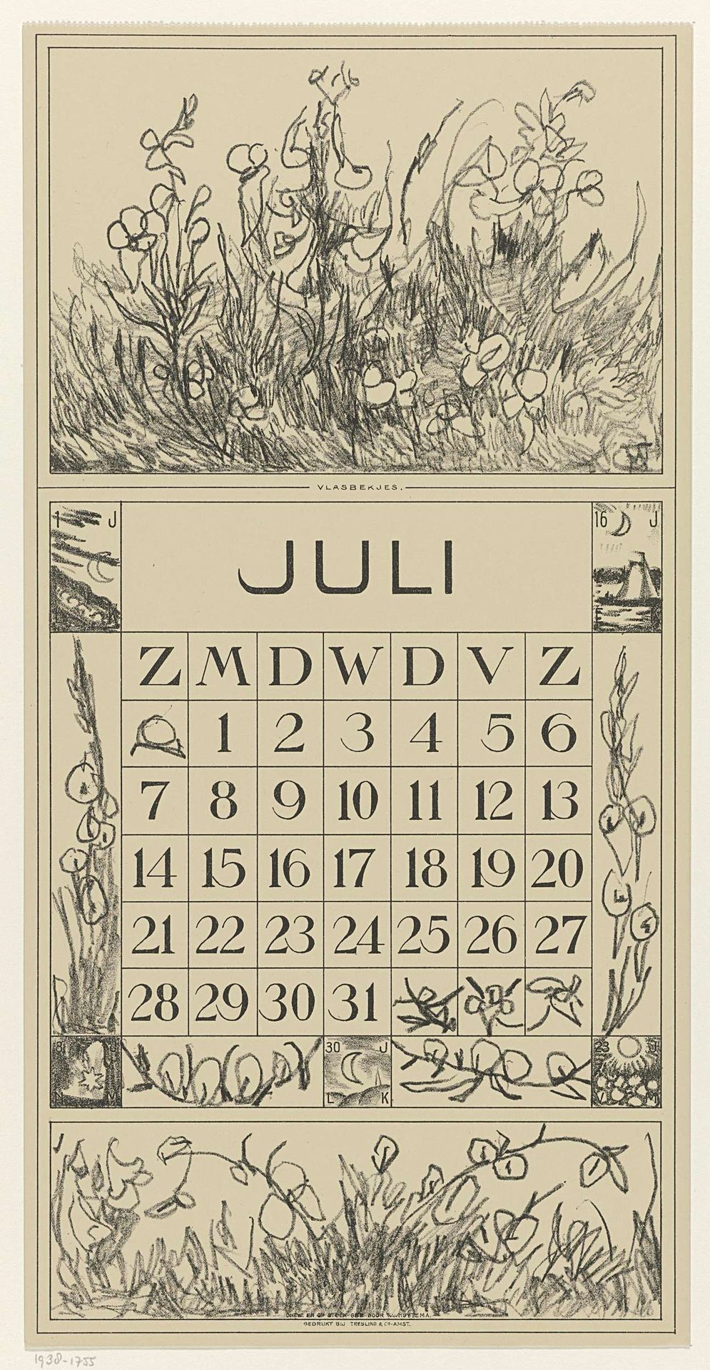 Kalenderblad juli met vlasbekjes by Theo van Hoytema