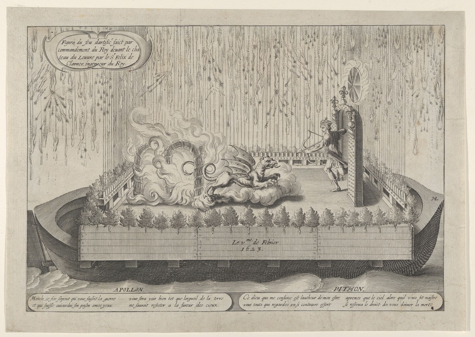 Float with Apollo and the Python, from the fireworks display celebrating Louis XIII's return from a military campaign, Paris, February 1623 by Michel Lasne