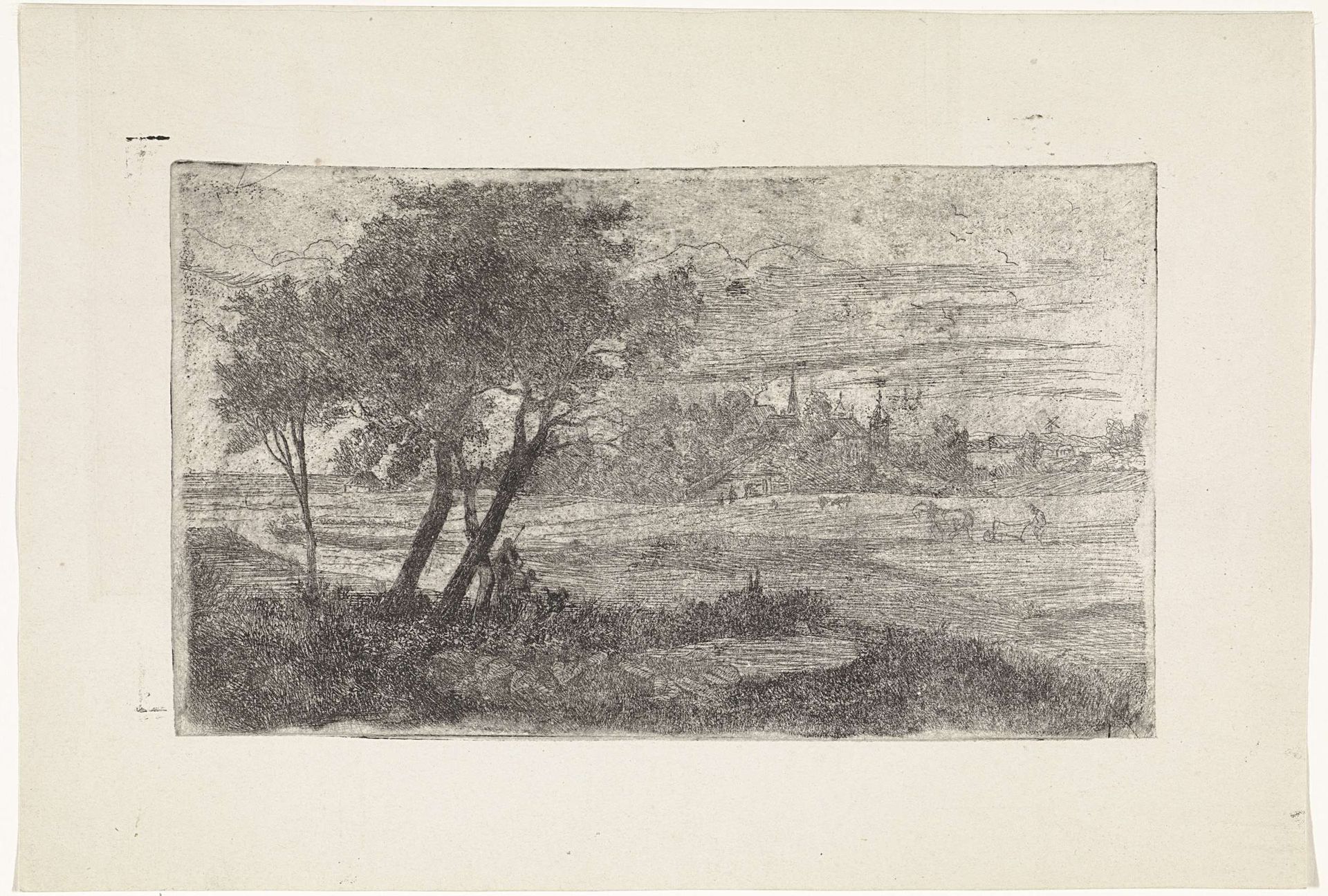 Landschap met bomen op de voorgrond en een ploeg op de akker by Dirk Arnoldus Tavenraat