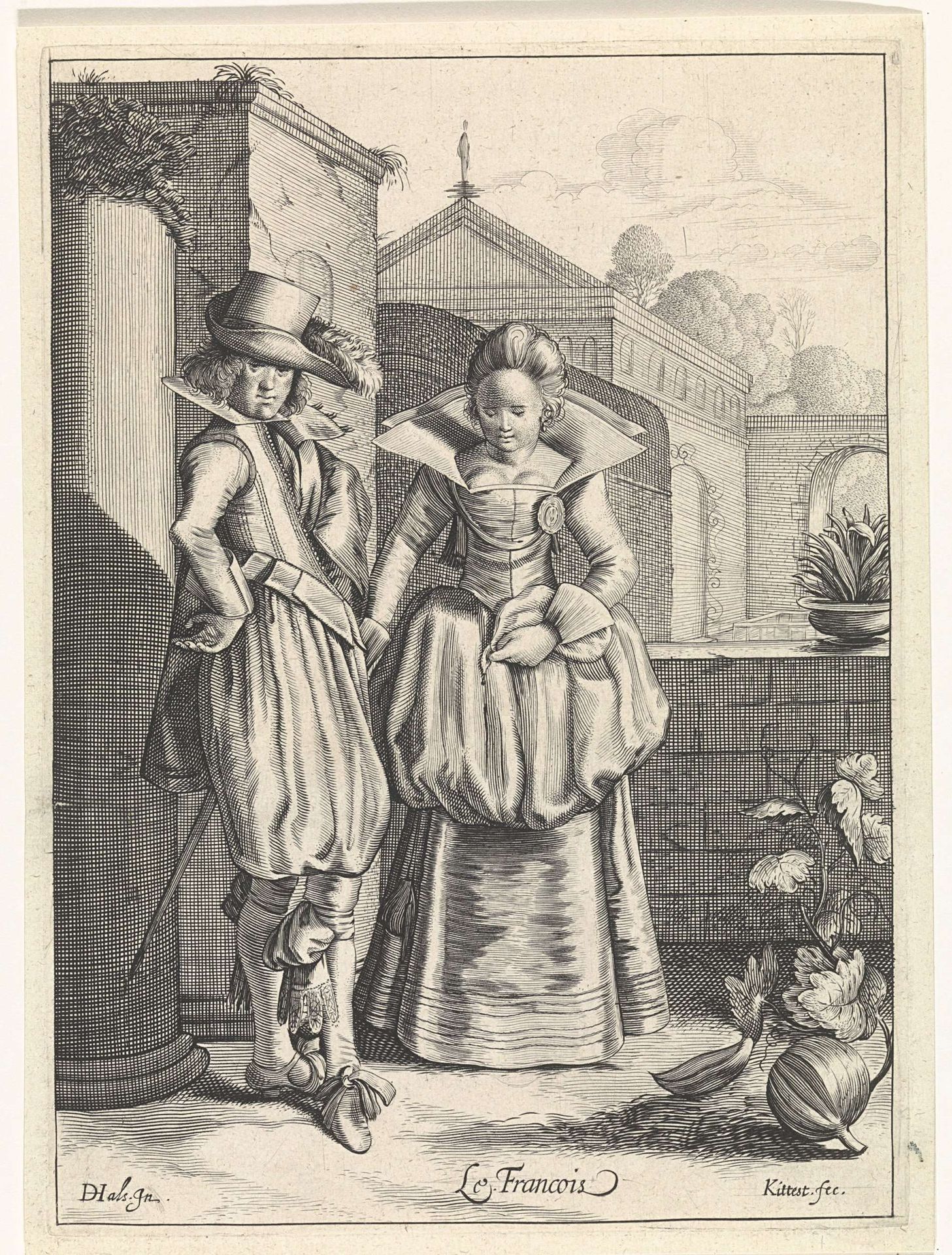 Elegant paar in Franse kleding by Cornelis van Kittensteyn