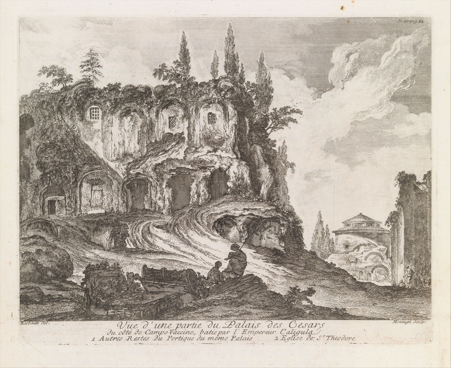 Vue d'une partie du Palais des Cesars du côté de Campo Vaccino, batie par l'Empereur Caligula, from Les Plus Beaux Monuments de Rome Ancienne ou Recueil des plus beaux Morceaux de l'Antiquité Romaine qui existent encore by Jean Barbault