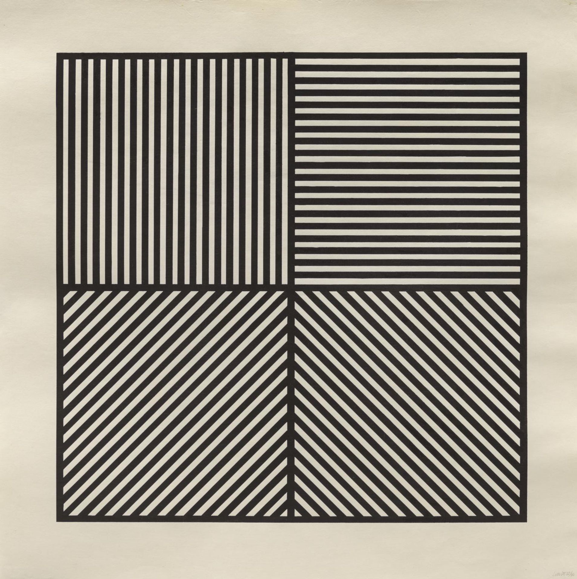 A Square Divided Horizontally and Vertically into Four Equal Parts, Each with a Different Direction of Alternating Parallel Bands of Lines by Sol LeWitt
