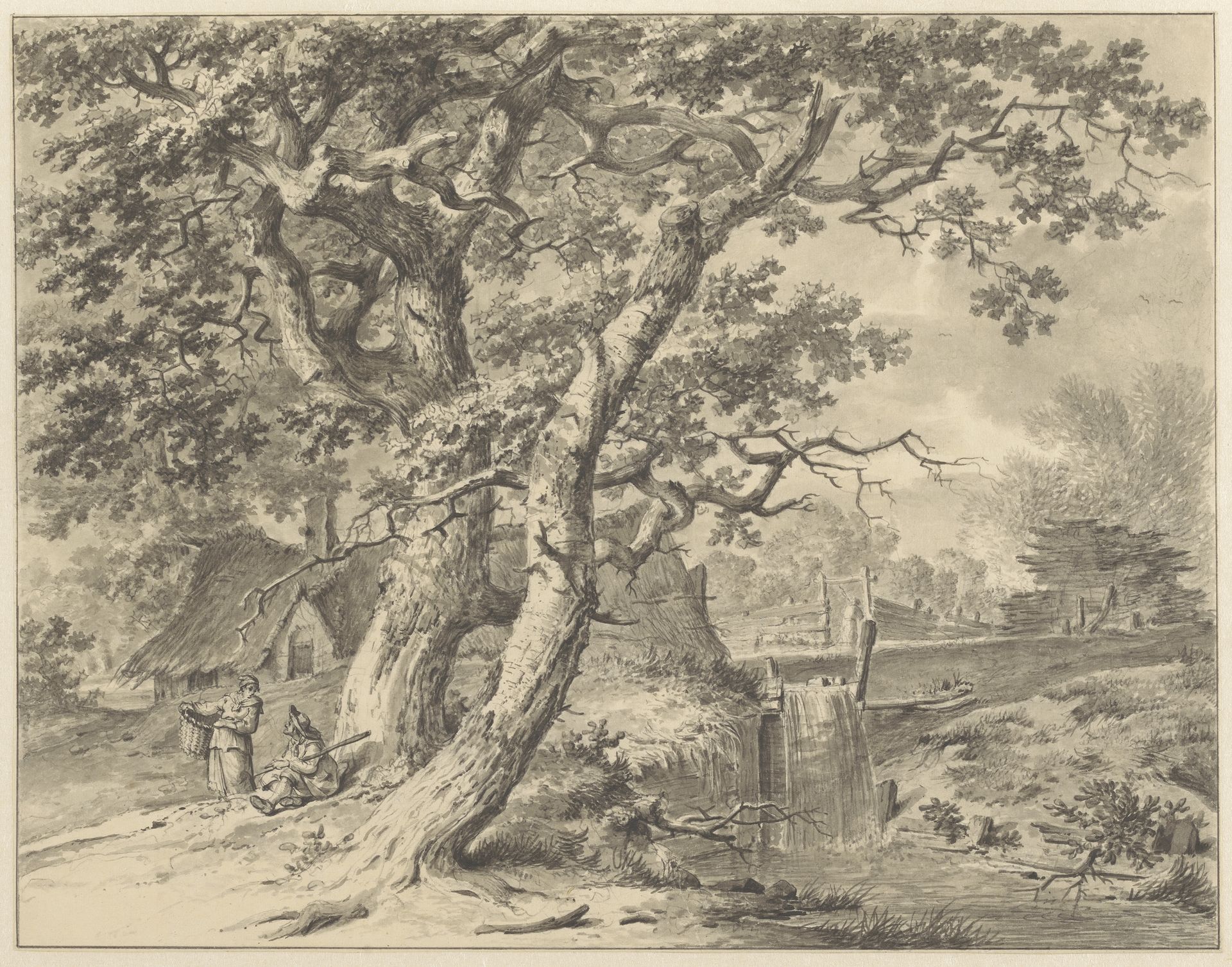 Landschap met watervalletje onder twee grote bomen by Pieter Pietersz. Barbiers