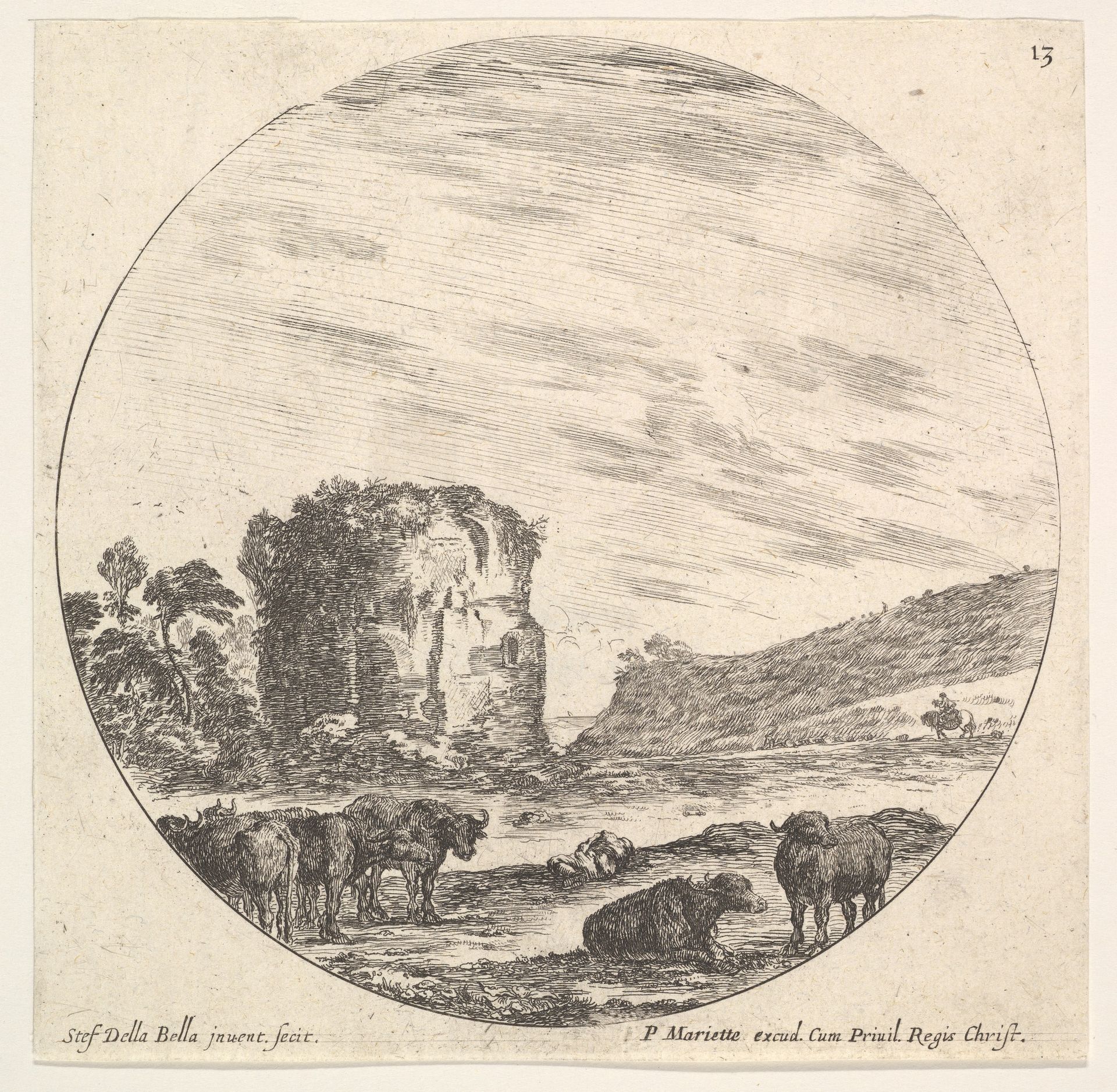 Plate 13: ruins of an ancient temple in the background, a herd of cows in the foreground, a round composition, from 'Roman landscapes and ruins' (Paysages et ruines de Rome) by Stefano della Bella