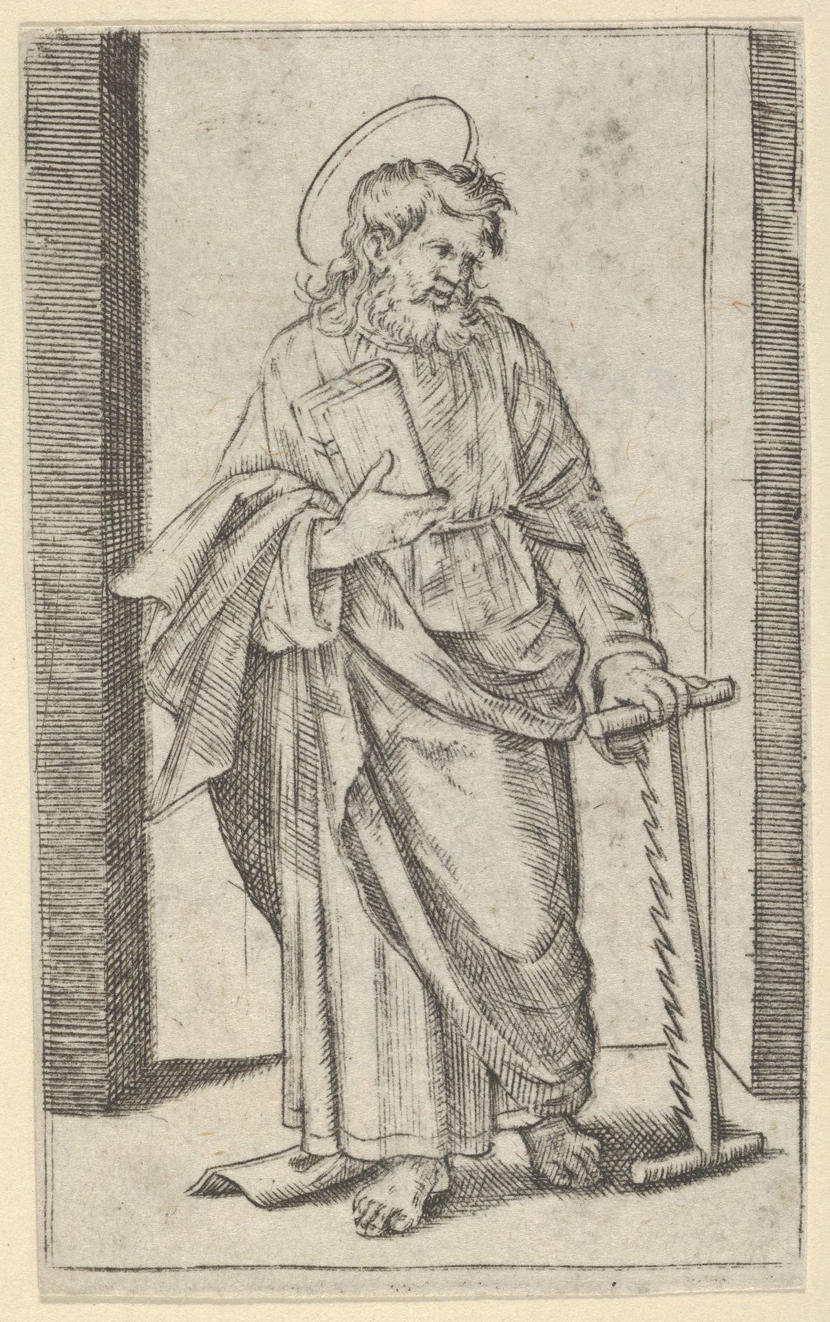 Saint Simon, a saw in his lowered left hand, from the series 'Piccoli Santi' (Small Saints) by Marcantonio Raimondi