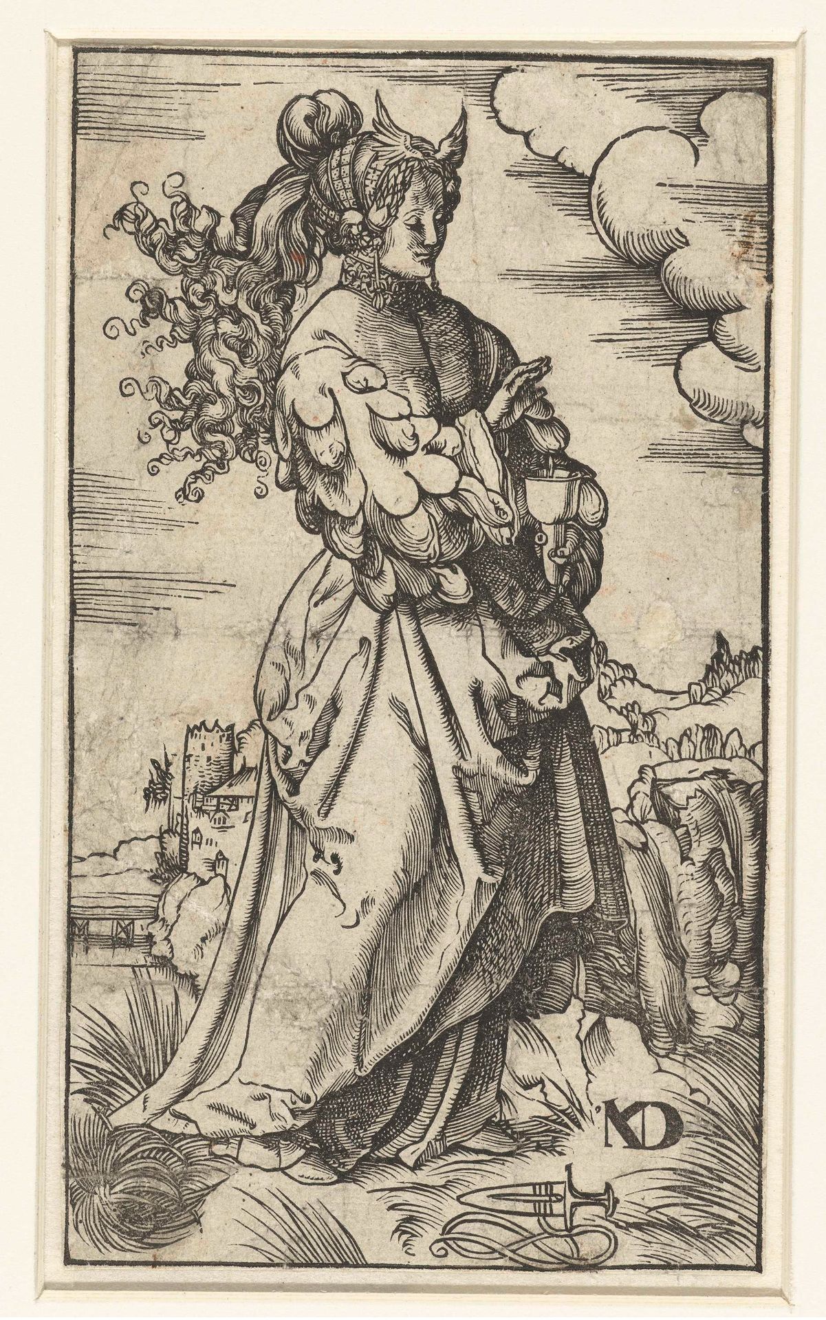 Wijze maagd met brandende olielamp in landschap by Niklaus Manuel Deutsch