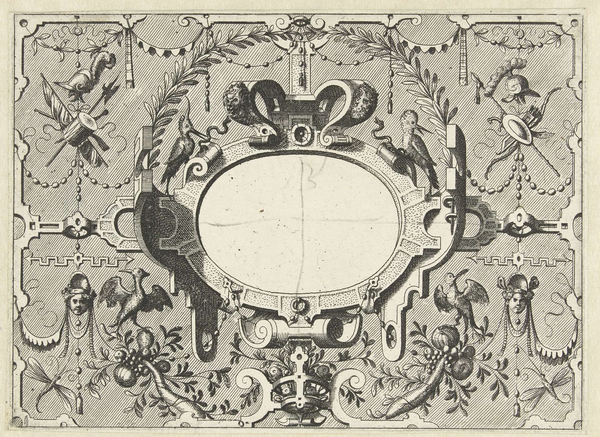 Cartouche omgeven door grotesken, op de cartouche staat een boog van bladeren by Johannes of Lucas van Doetechum