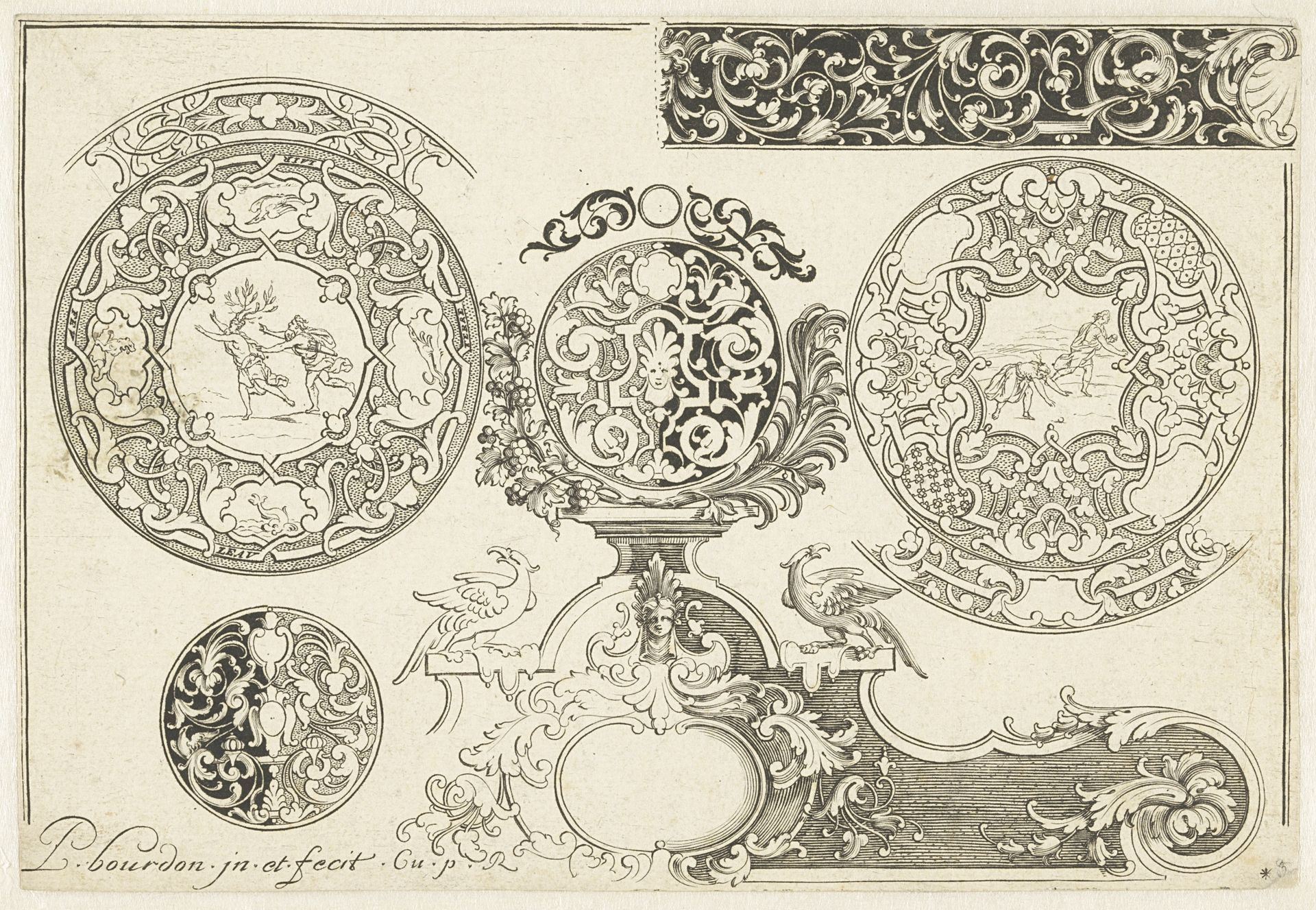 Ontwerpen voor horlogekasten met twee scènes van Apollo en Daphne by Pierre Bourdon