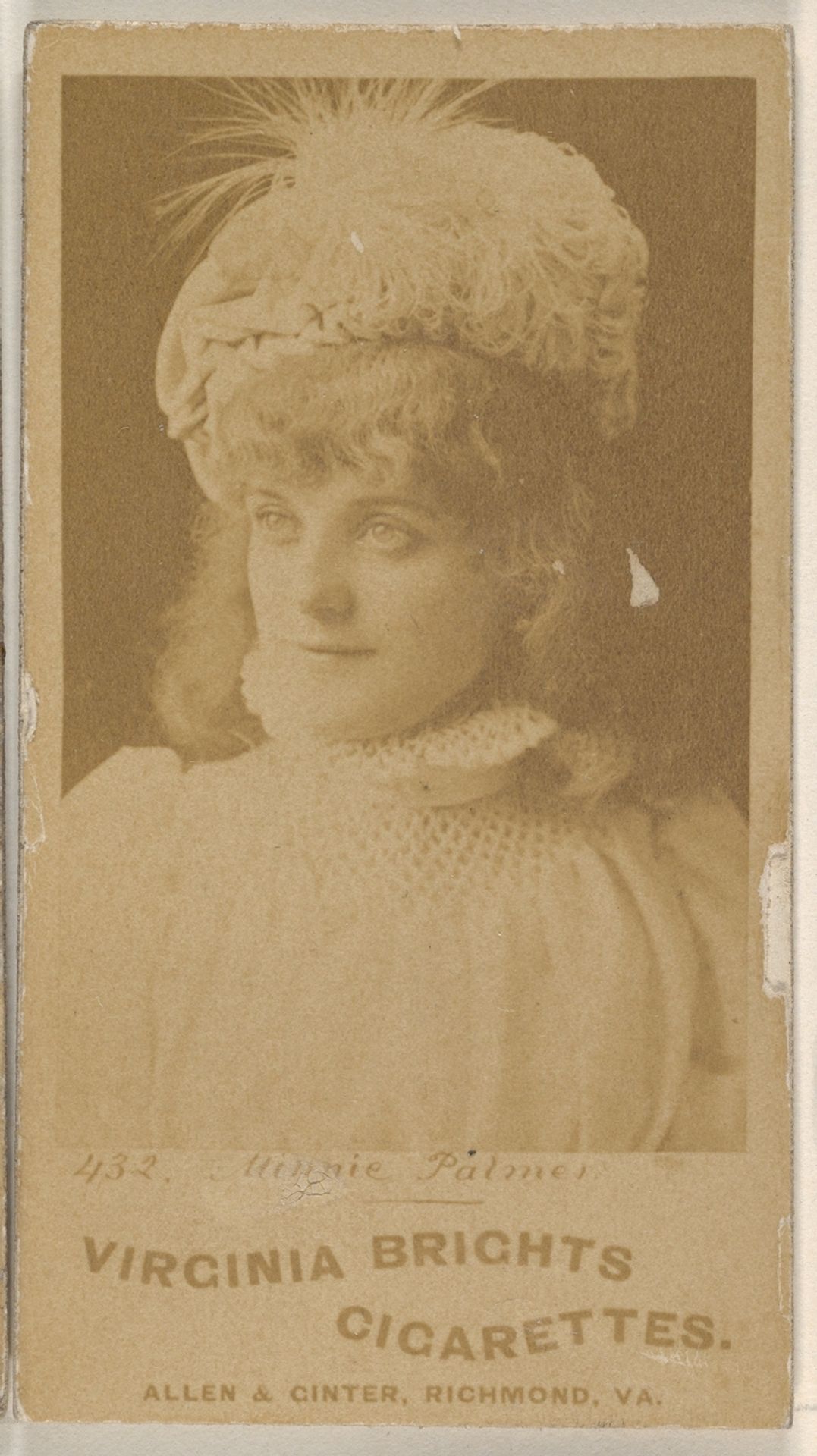 Card 432, Minnie Palmer, from the Actors and Actresses series (N45, Type 1) for Virginia Brights Cigarettes by Allen & Ginter