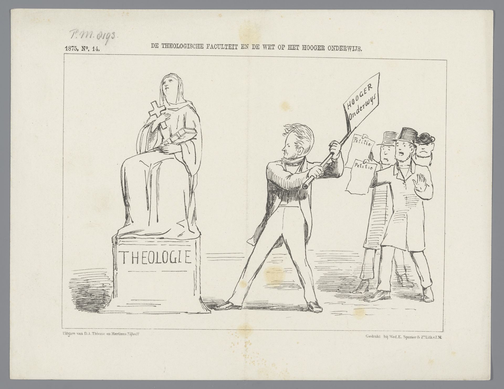 Spotprent op de plannen tot opheffing van de theologische faculteiten op de Hogescholen, 1875 by Johan Michaël Schmidt Crans