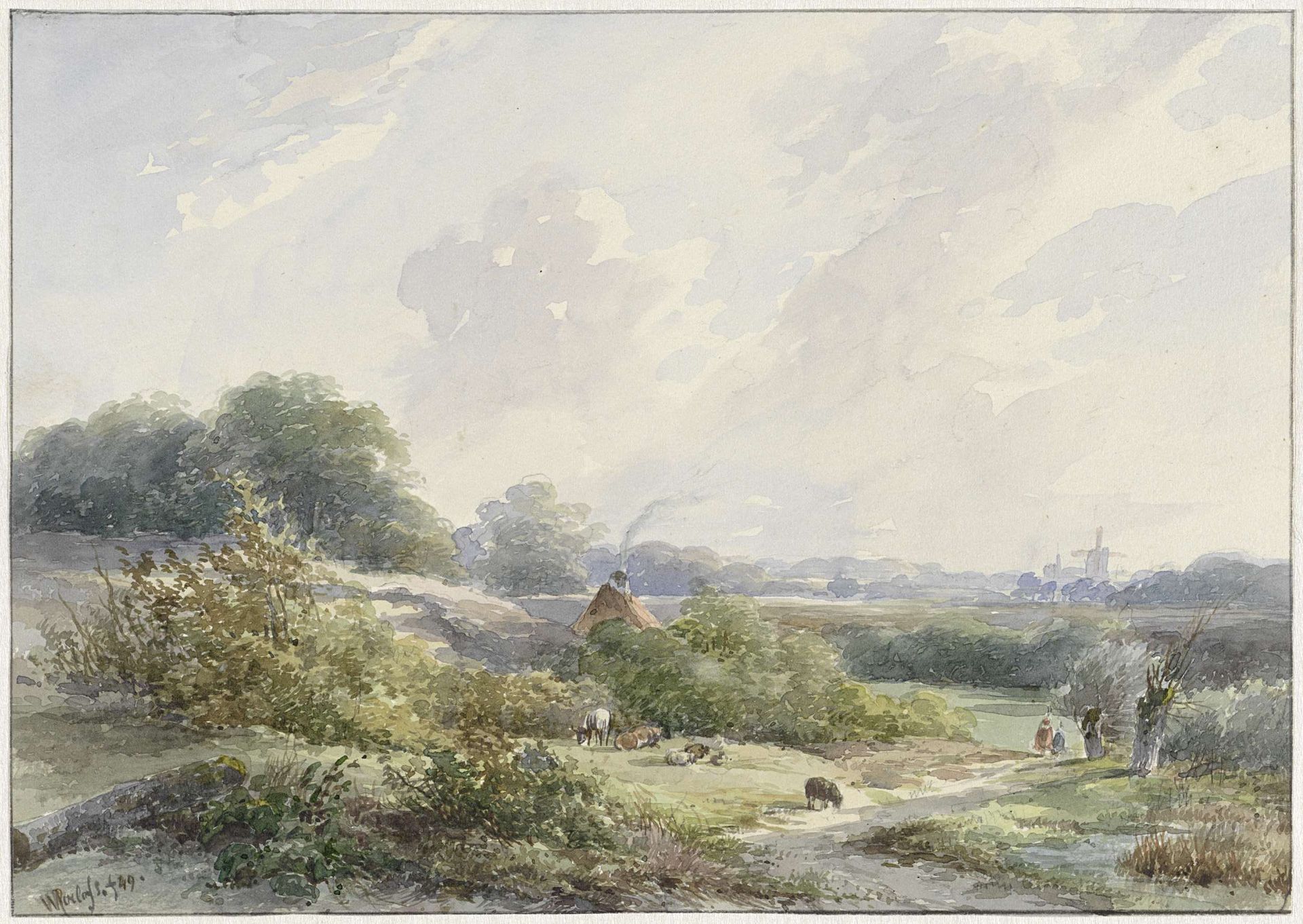 Landschap met boerderij en vee by Willem Roelofs