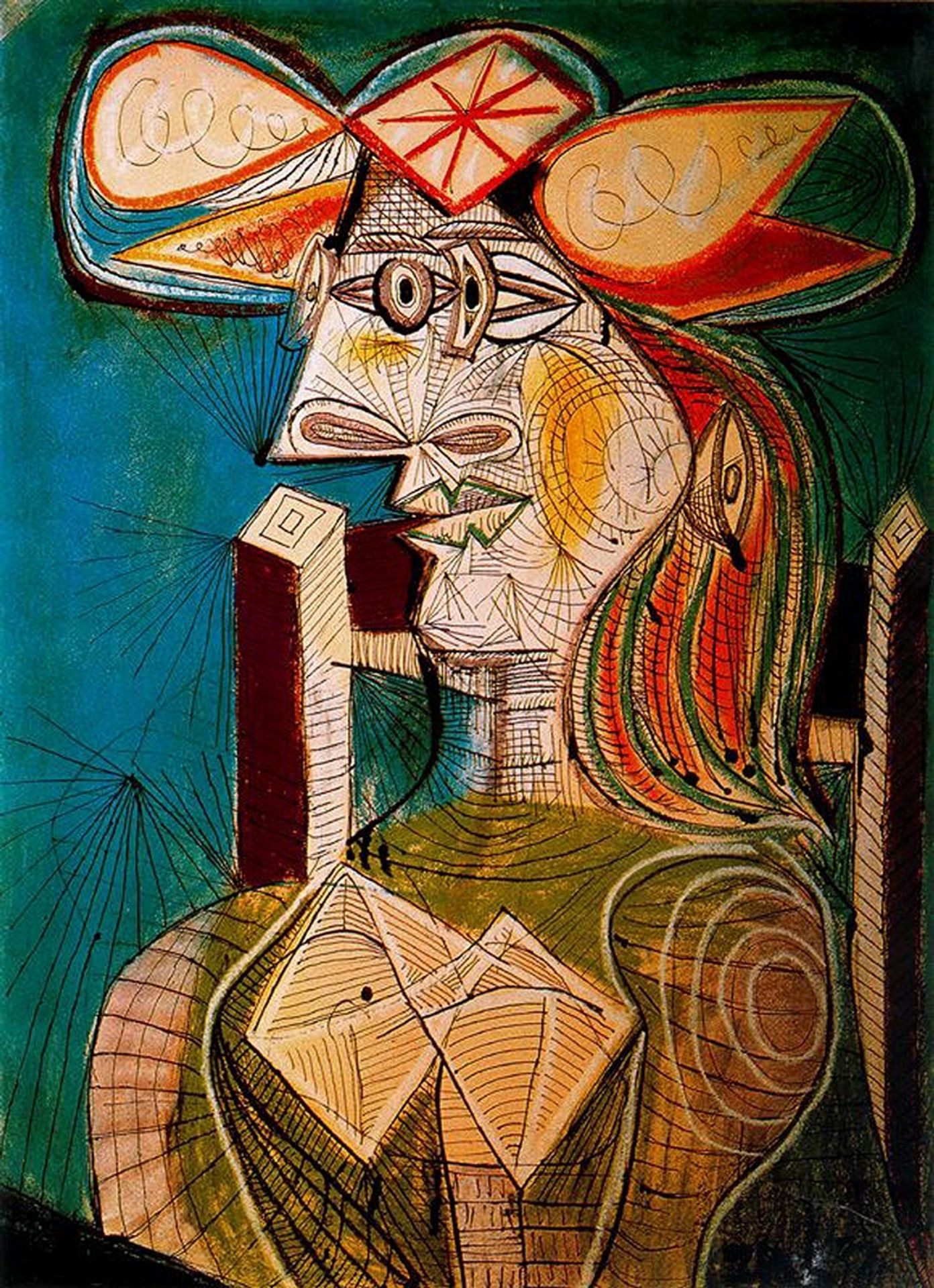 Seated woman on wooden chair by Pablo Picasso