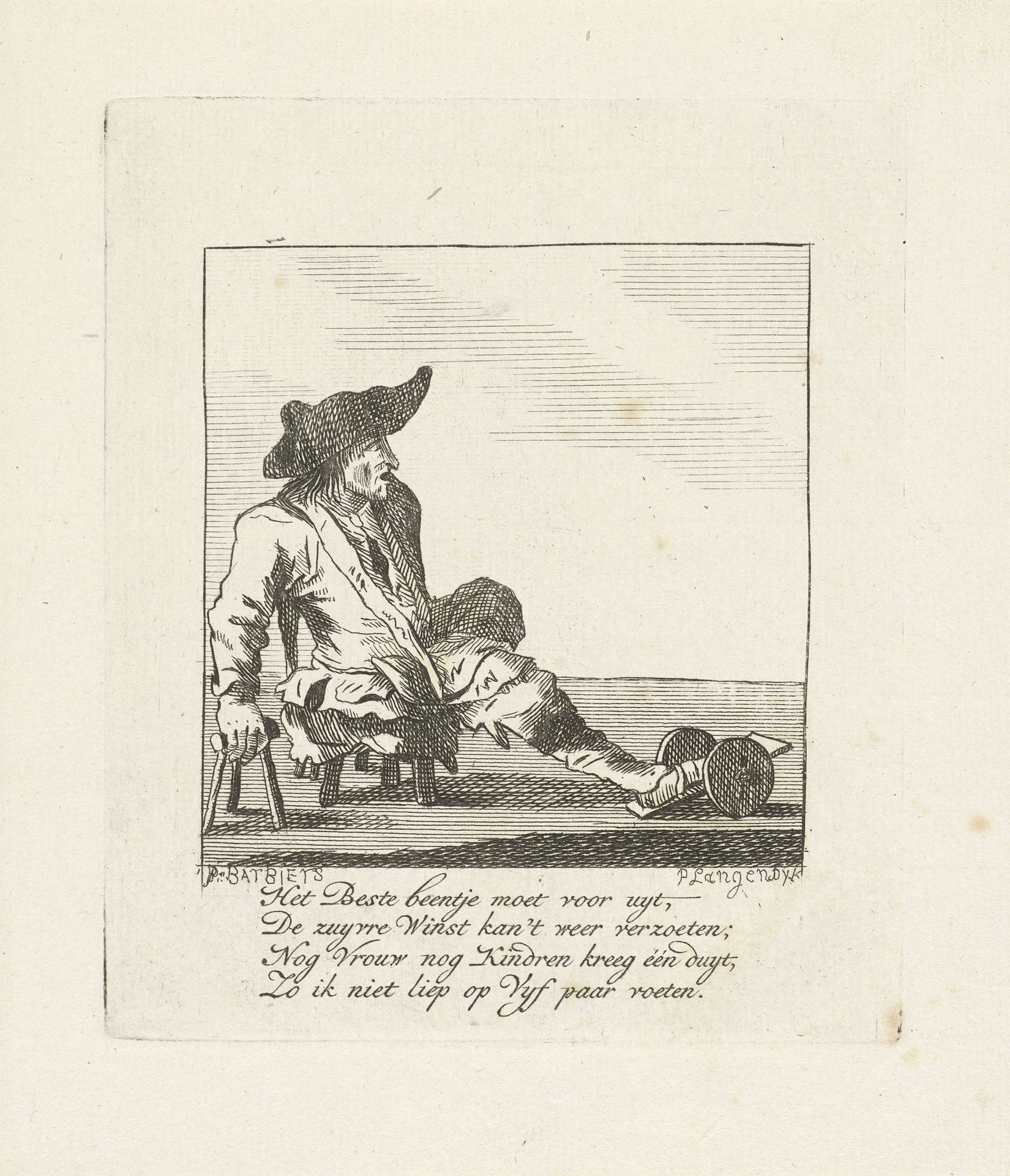 Man laat een been op een plank op wielen rusten by Pieter (II) Langendijk