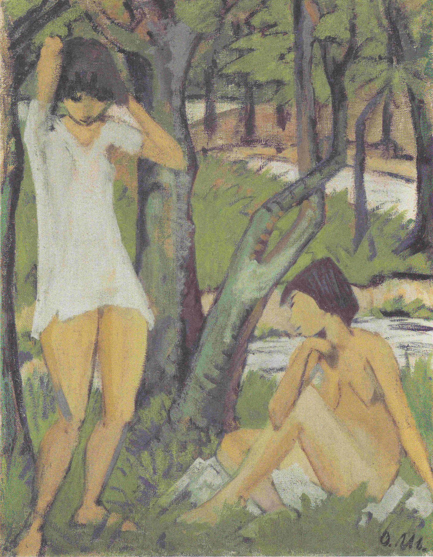 Zwei Badende Mädchen (mädchen Im Hemd) by Otto Mueller