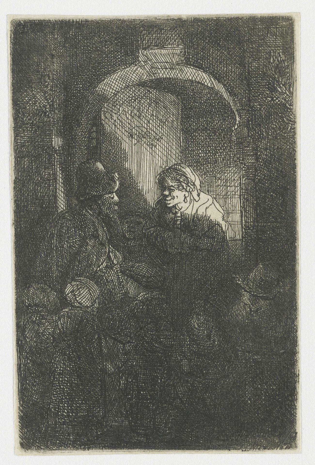 A hurdy-gurdy player followed by children at the door of a house by Rembrandt van Rijn