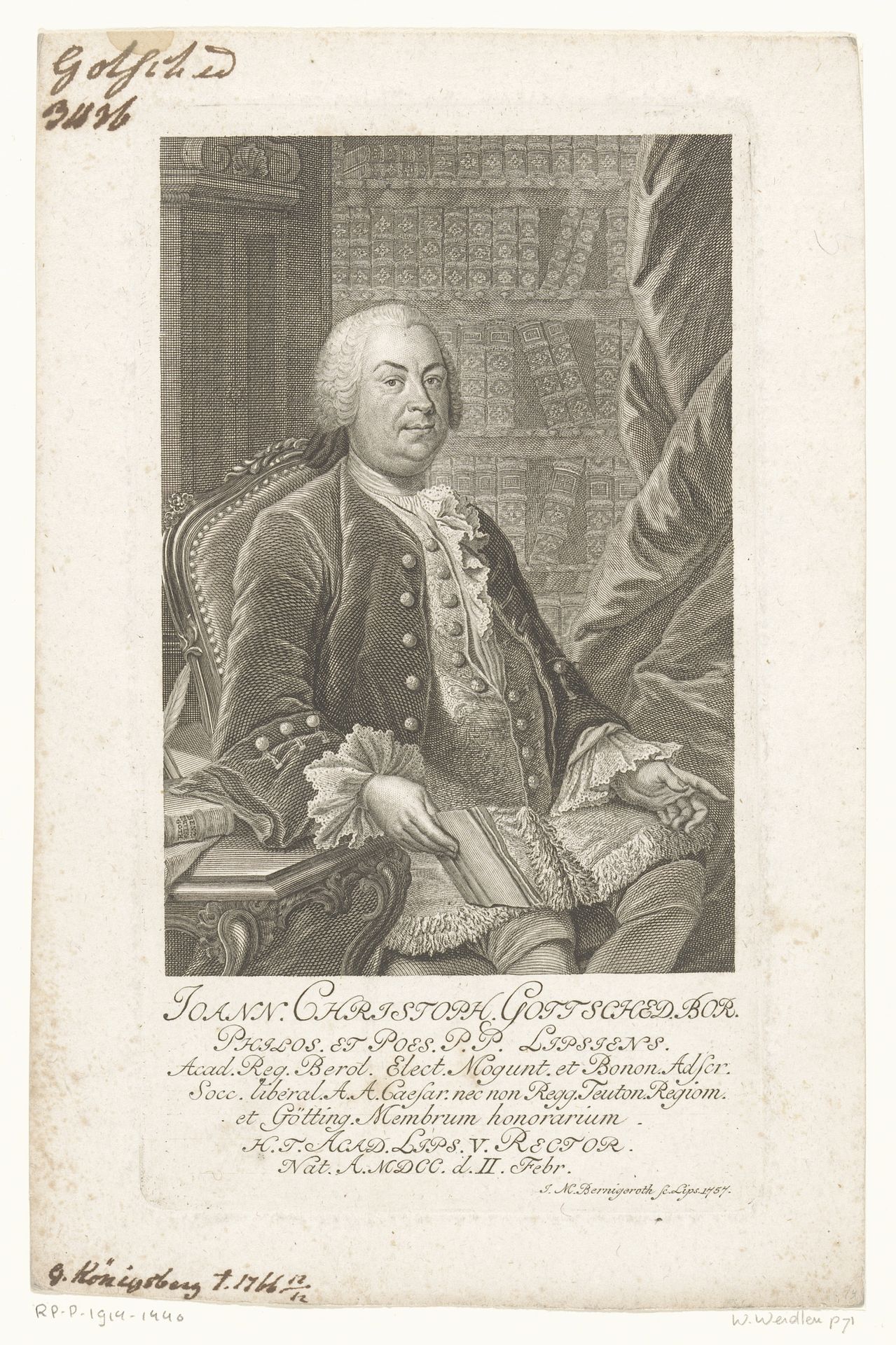 Portret van Johann Christoph Gottsched by Johann Martin Bernigeroth