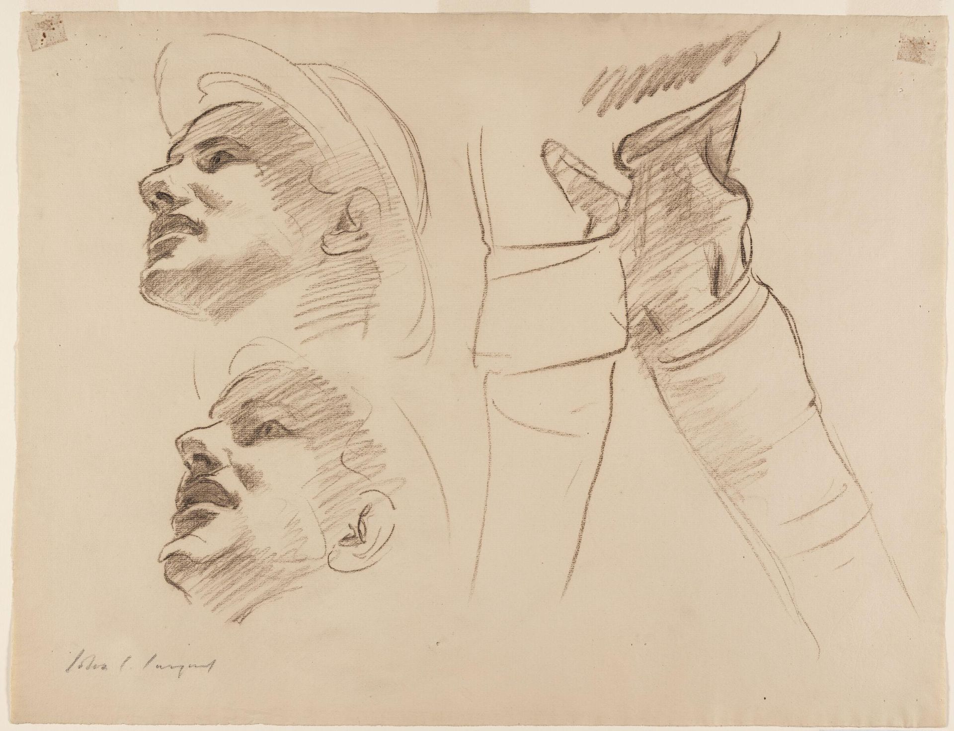 Two Studies of Soldier's Head and Study for Soldier's Legs Astride, for "Coming of the Americans," Widener Library, Harvard University by John Singer Sargent