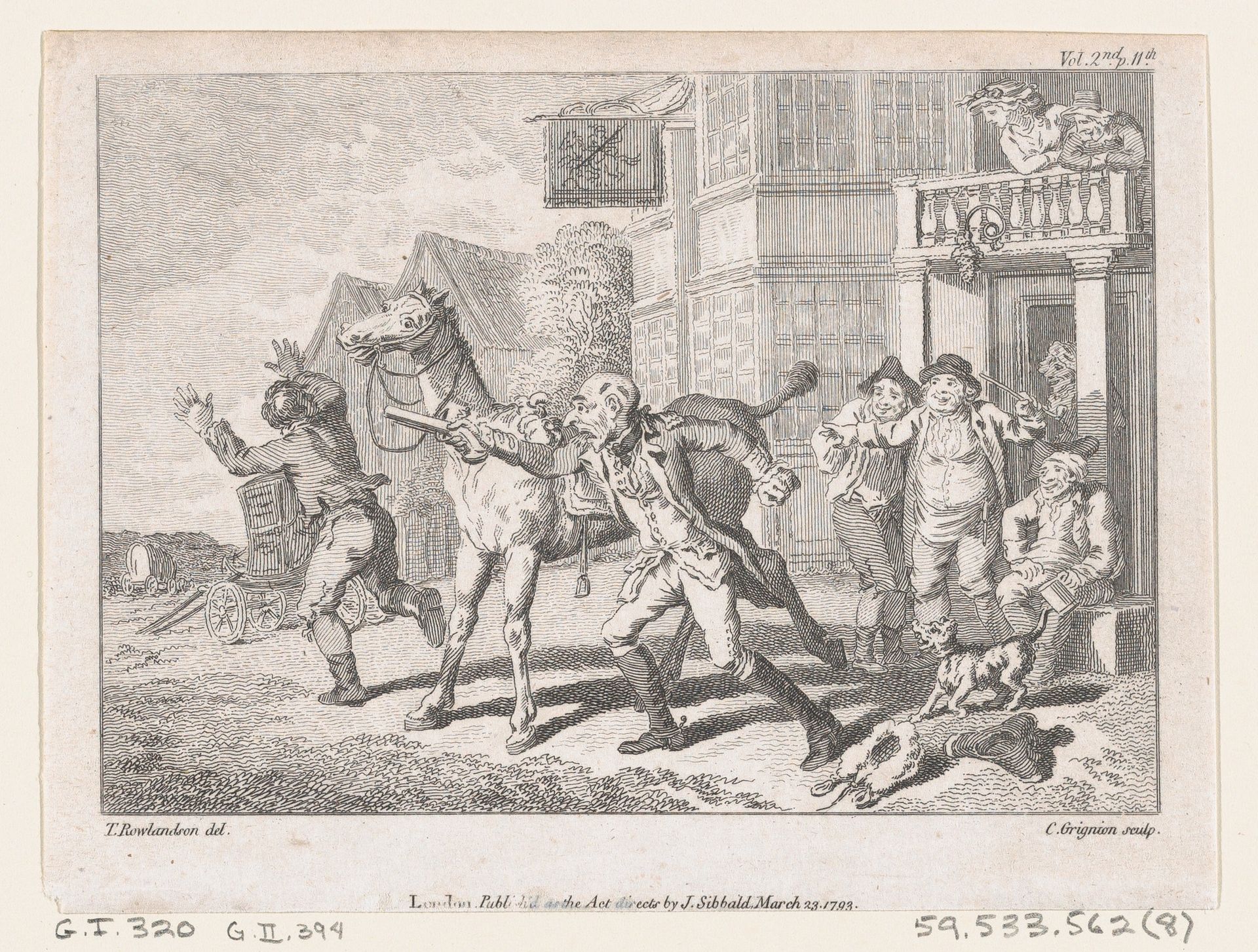 Lismahago Outside The Inn at Durham, an illustration from Tobias Smollett's "The Expedition of Humphry Clinker" (London, 1793), Vol. 1 by Charles Grignion, I