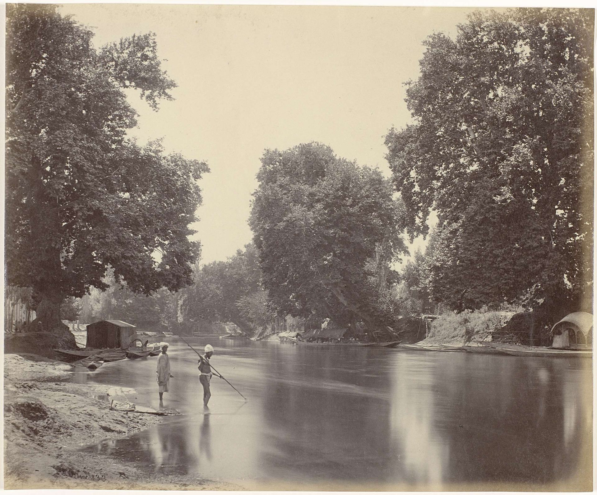 Trees on the Dal lake canal, with two fishermen in the foreground by Samuel Bourne
