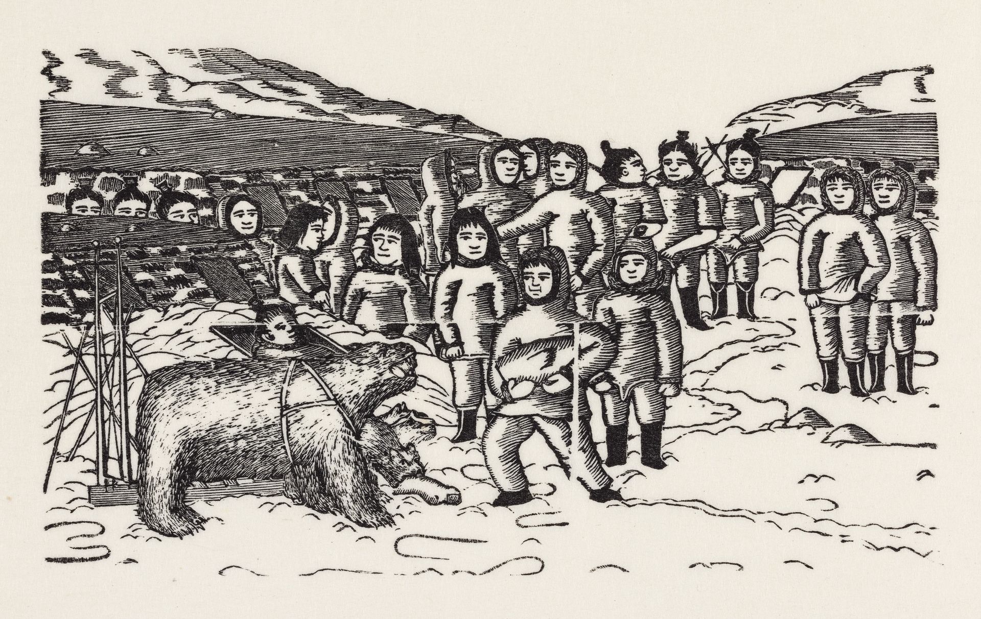 Fortællingen om Ungilatake: Ungilatake fodrer isbjørnen og udyret, som han har fanget ene mand og bundet med remme by Markus Lynge