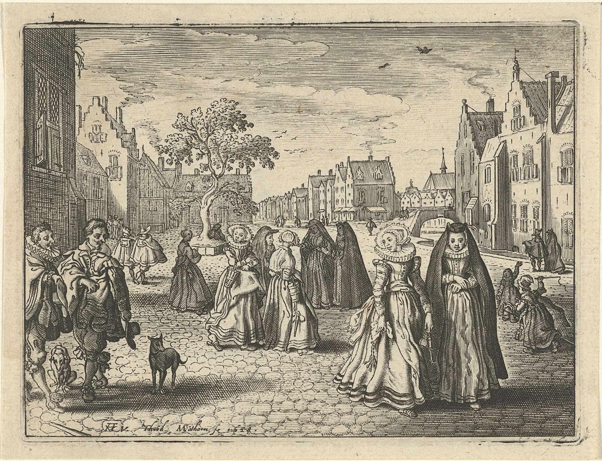 Stedelingen in een straat by Theodor Matham