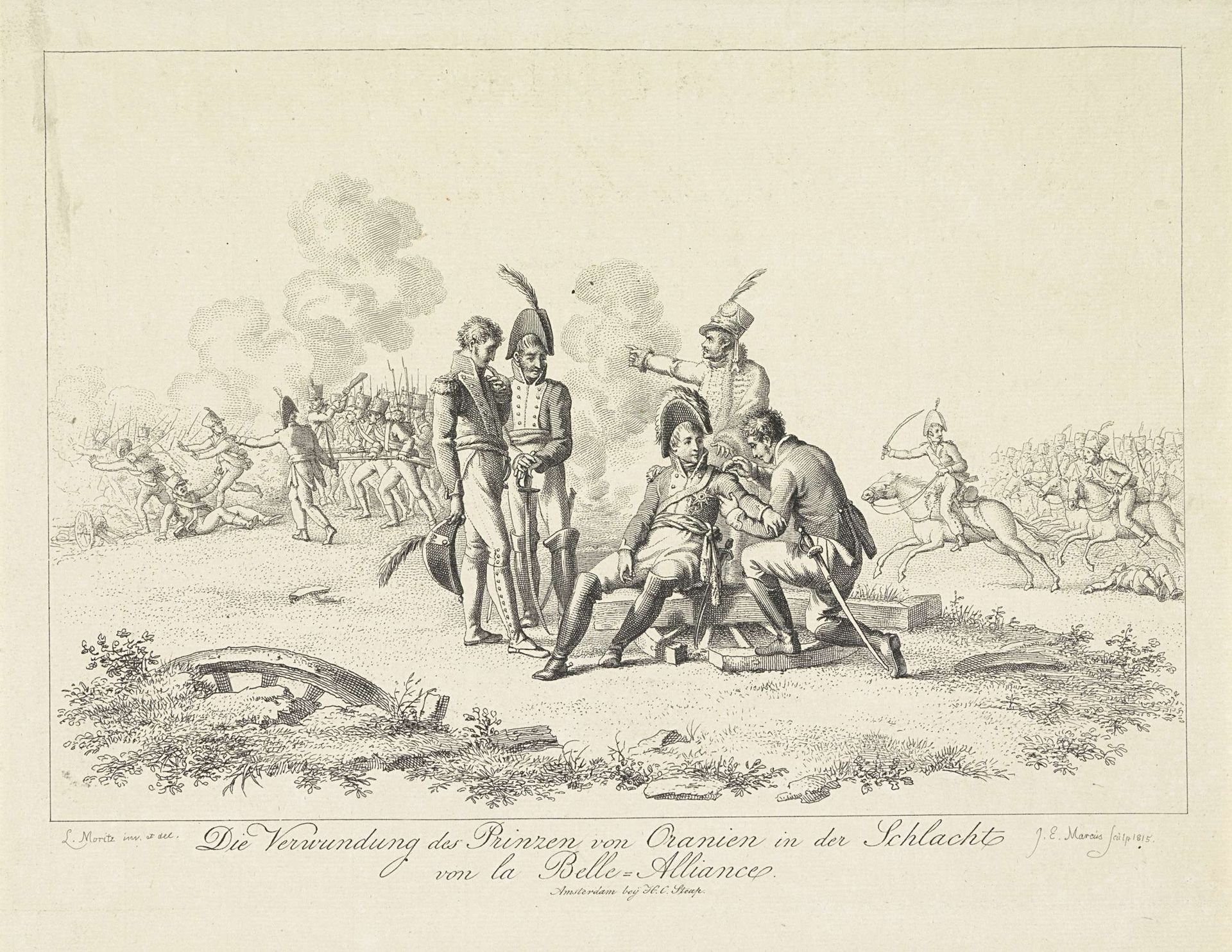 Prins van Oranje raakt gewond tijdens de slag bij Waterloo, 1815 by Jacob Ernst Marcus
